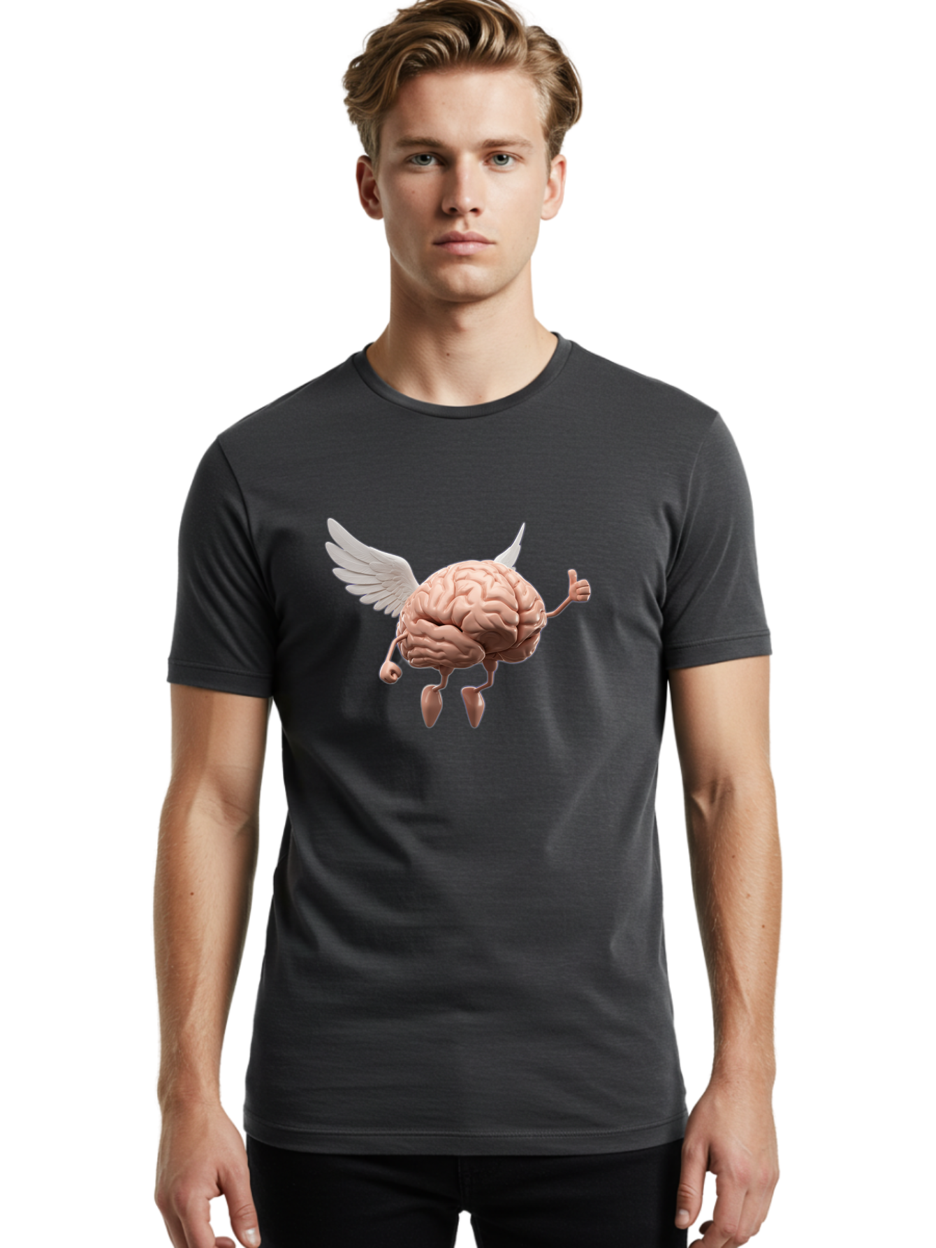 Flying-Brain Men'S Graphic Tee, 100% Cotton, Comfortable Casual Summer Wear, Machine Washable, Human Brain With Wings, Anthropomorphic Brain, Thumbs Up Gesture, Digital Art, Cartoon Style, Creative Illustration, Winged Brain, Brain With Horns Bae021