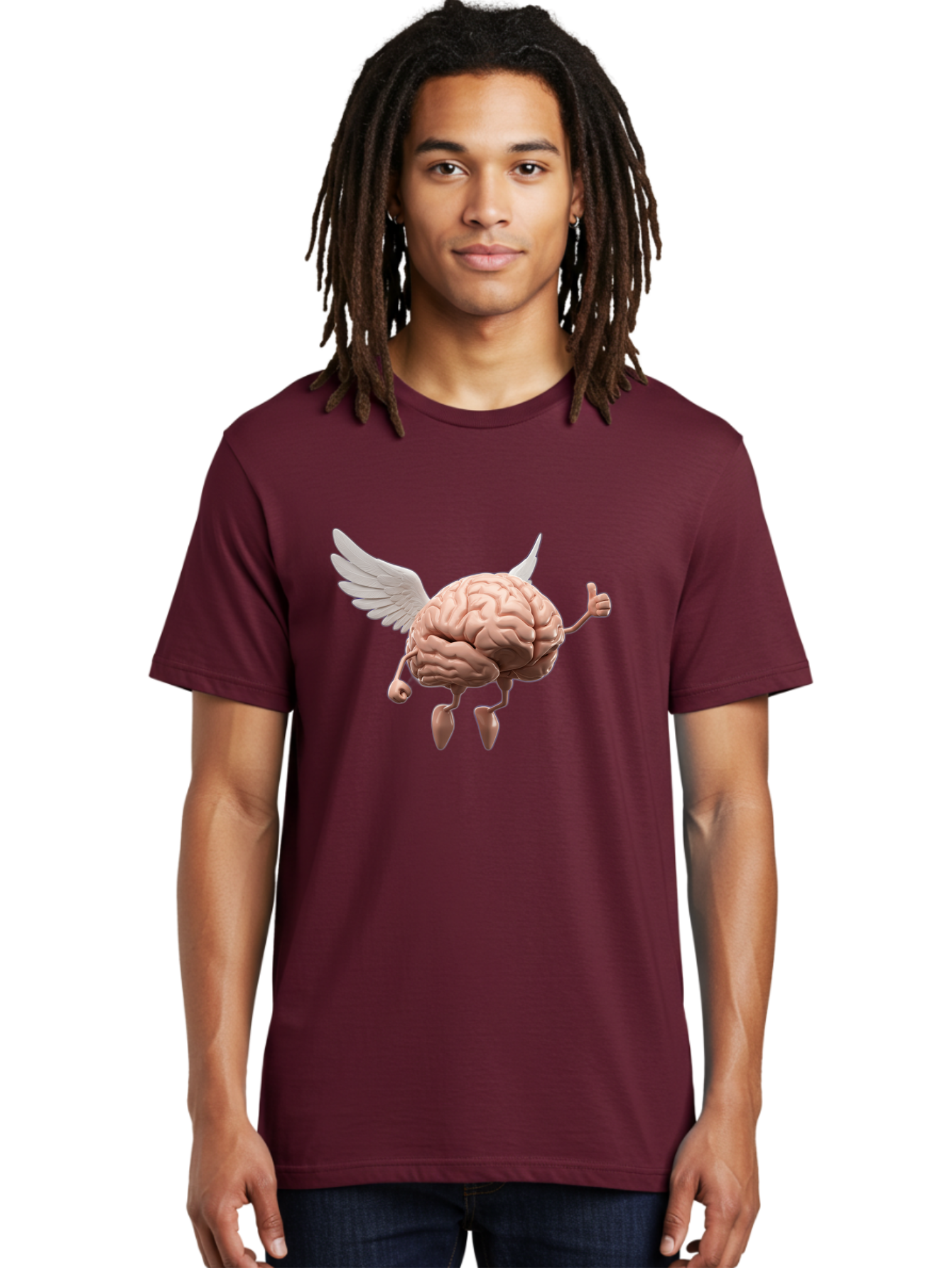 Flying-Brain Men'S Graphic Tee, 100% Cotton, Comfortable Casual Summer Wear, Machine Washable, Human Brain With Wings, Anthropomorphic Brain, Thumbs Up Gesture, Digital Art, Cartoon Style, Creative Illustration, Winged Brain, Brain With Horns Bae021