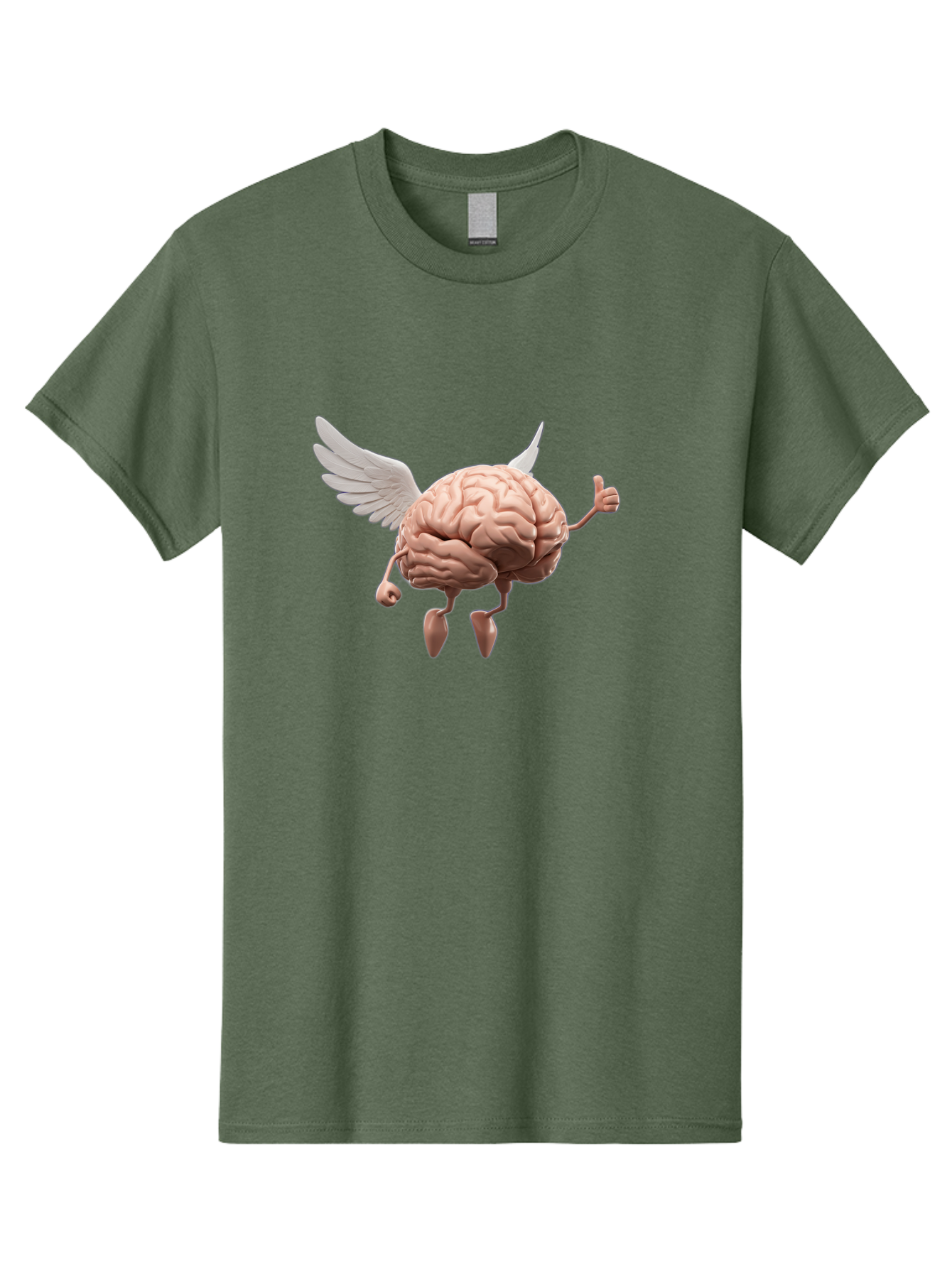 Flying-Brain Men'S Graphic Tee, 100% Cotton, Comfortable Casual Summer Wear, Machine Washable, Human Brain With Wings, Anthropomorphic Brain, Thumbs Up Gesture, Digital Art, Cartoon Style, Creative Illustration, Winged Brain, Brain With Horns Bae021