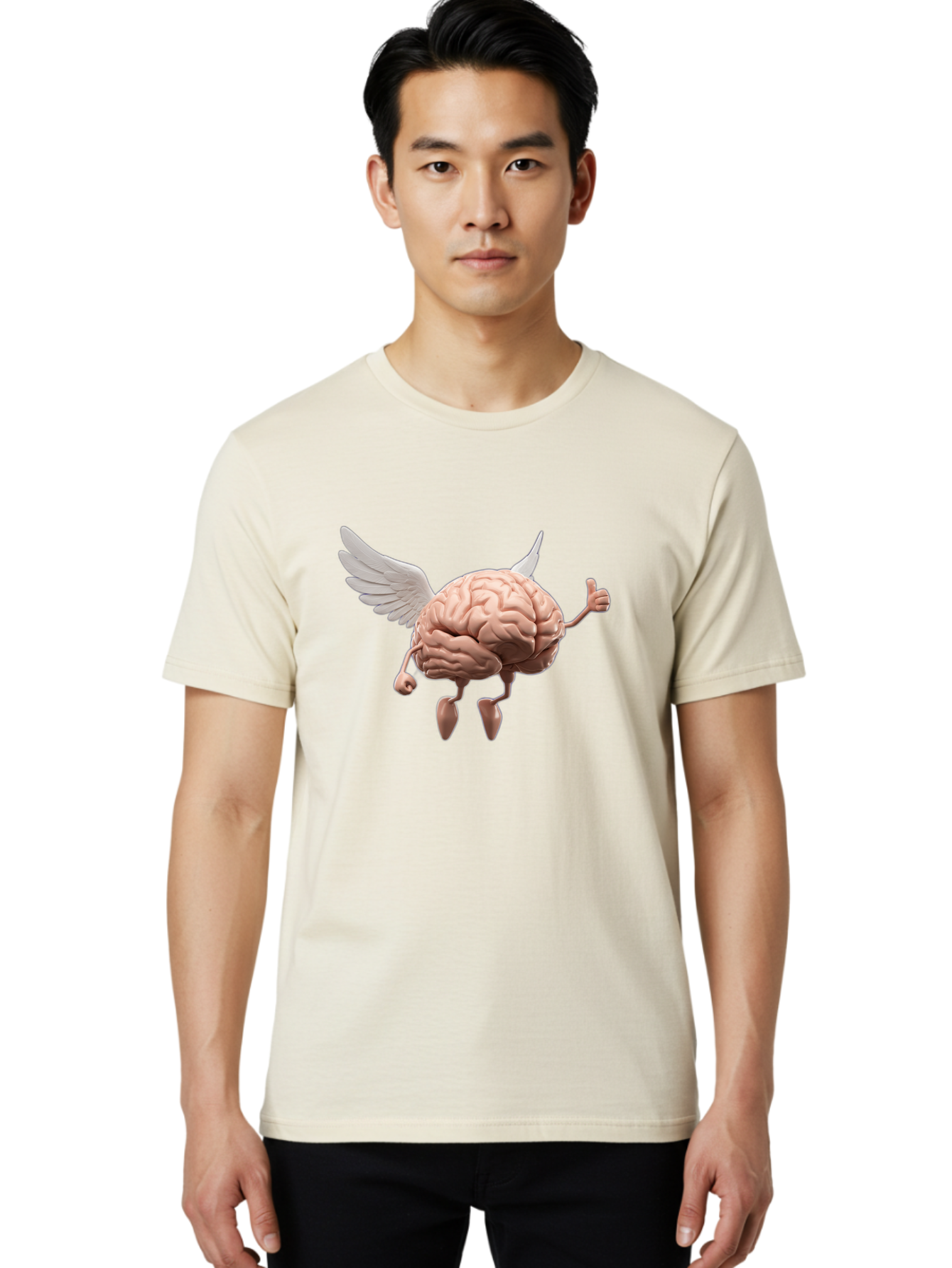 Flying-Brain Men'S Graphic Tee, 100% Cotton, Comfortable Casual Summer Wear, Machine Washable, Human Brain With Wings, Anthropomorphic Brain, Thumbs Up Gesture, Digital Art, Cartoon Style, Creative Illustration, Winged Brain, Brain With Horns Bae021