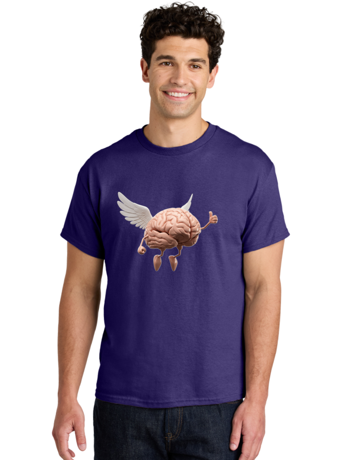 Flying-Brain Men'S Graphic Tee, 100% Cotton, Comfortable Casual Summer Wear, Machine Washable, Human Brain With Wings, Anthropomorphic Brain, Thumbs Up Gesture, Digital Art, Cartoon Style, Creative Illustration, Winged Brain, Brain With Horns Bae021