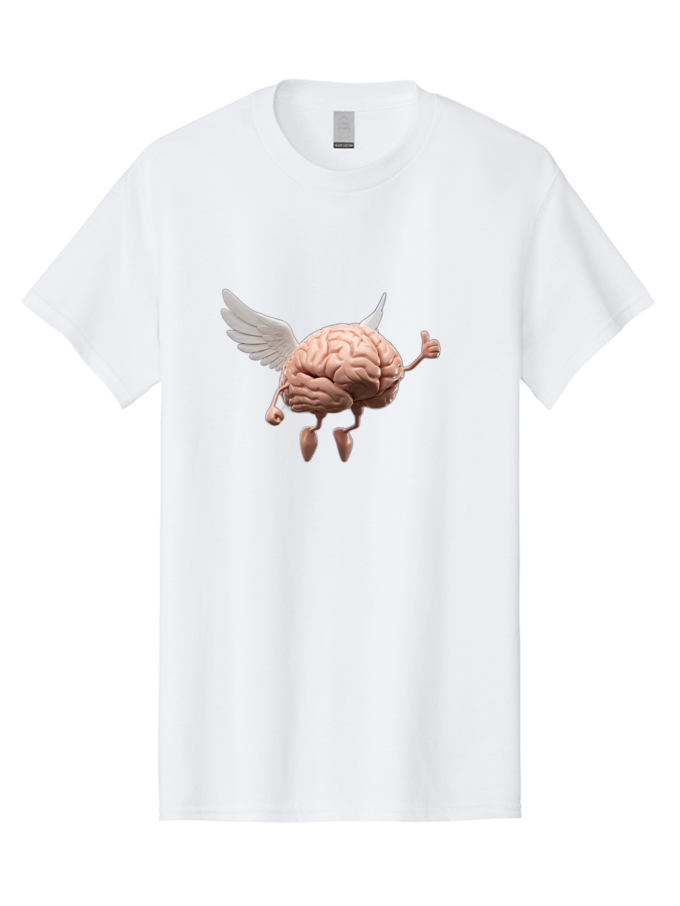 Flying-Brain Men'S Graphic Tee, 100% Cotton, Comfortable Casual Summer Wear, Machine Washable, Human Brain With Wings, Anthropomorphic Brain, Thumbs Up Gesture, Digital Art, Cartoon Style, Creative Illustration, Winged Brain, Brain With Horns Bae021