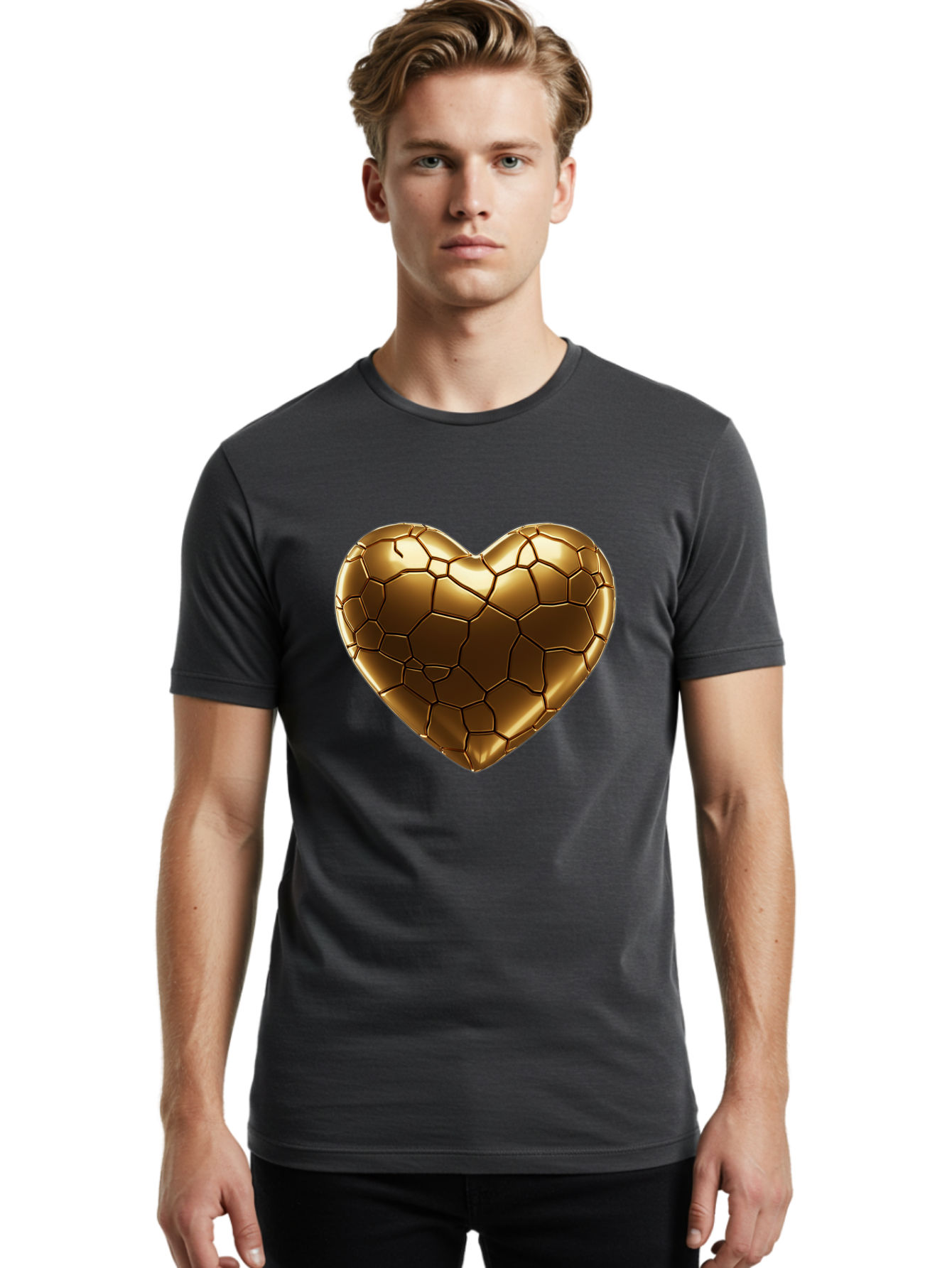 Gold-Heart Men'S Graphic Tee, 100% Cotton, Comfortable Casual Summer Wear, Machine Washable, Gold Heart, Mosaic Pattern, Heart-Shaped, Geometric Design, Luxury, Gold Finish, 3D Rendering, Cracked Pattern, Valentine'S Day, Love Symbol Bae023