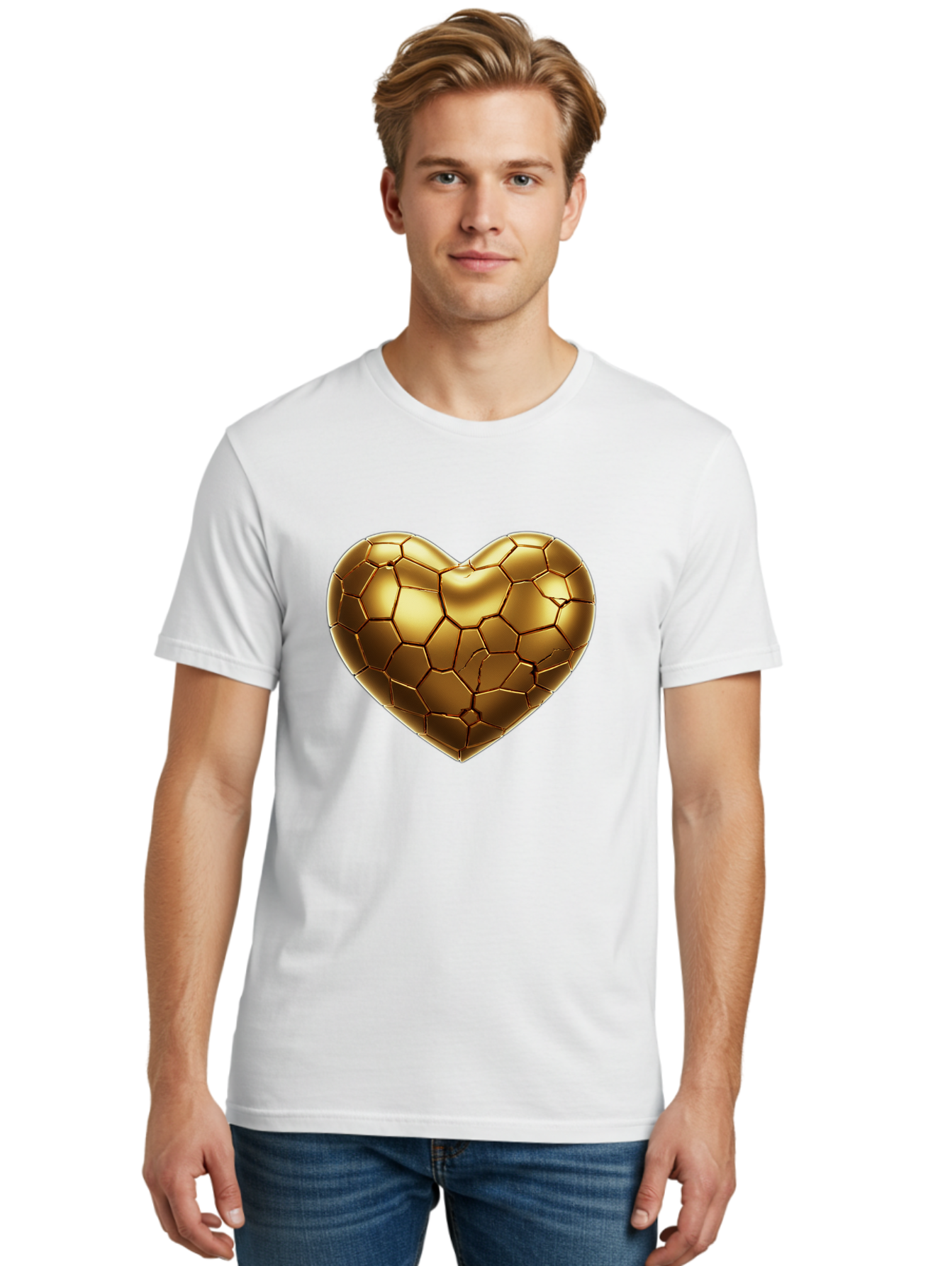 Golden-Heart-1 Men'S Graphic Tee, 100% Cotton, Comfortable Casual Summer Wear, Machine Washable, Shiny Gold Heart, Cracked Surface, Metallic Texture, Valentines Day Symbol, Love Icon, Golden Love, Heart Shape, Luxury Design Bae024