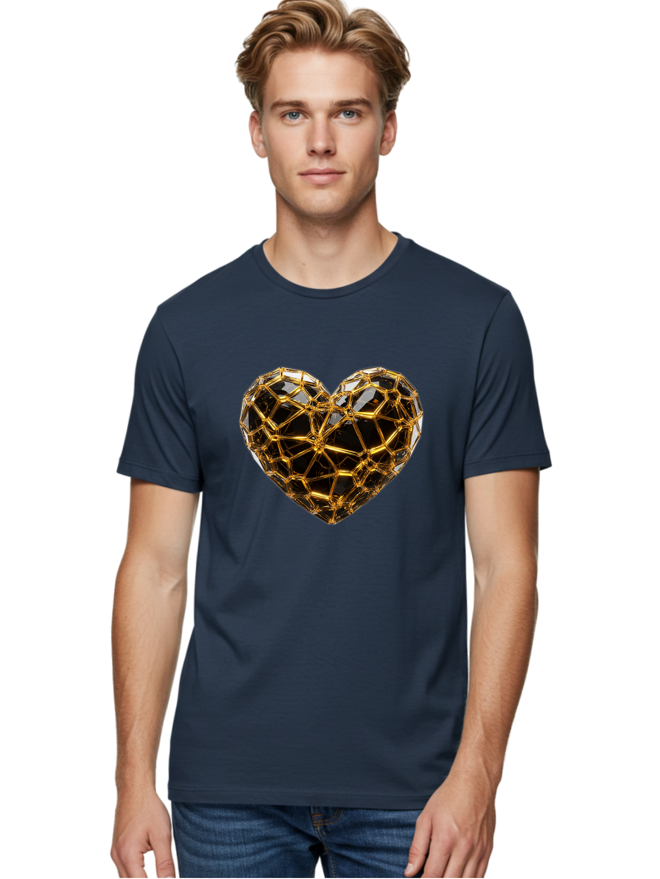 Golden-Heart Men'S Graphic Tee, 100% Cotton, Comfortable Casual Summer Wear, Machine Washable, Golden Heart, 3D Heart, Geometric Pattern, Luxury Design, Valentines Day, Love Symbol, Abstract Art, Modern Decoration, Gold Texture Bae025