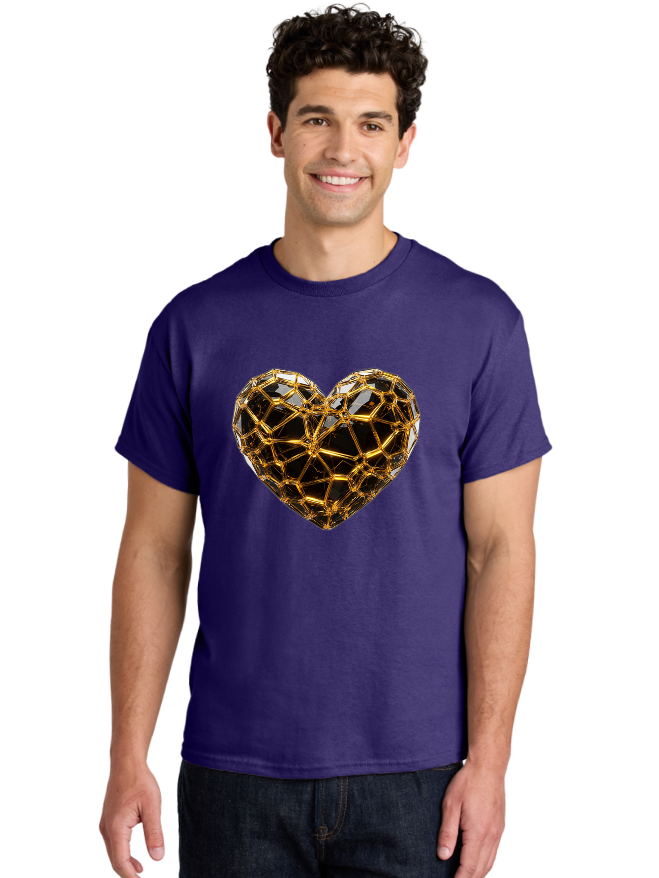 Golden-Heart Men'S Graphic Tee, 100% Cotton, Comfortable Casual Summer Wear, Machine Washable, Golden Heart, 3D Heart, Geometric Pattern, Luxury Design, Valentines Day, Love Symbol, Abstract Art, Modern Decoration, Gold Texture Bae025