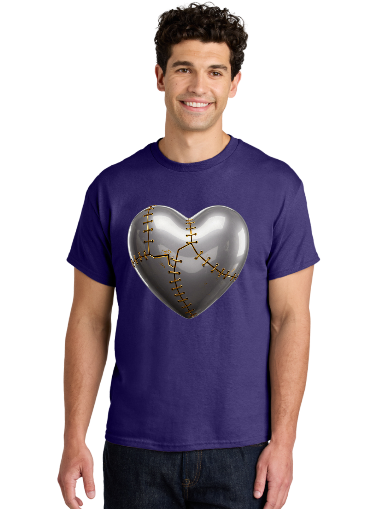 Gray-Heart-With-Gold-Stitches Men'S Graphic Tee, 100% Cotton, Comfortable Casual Summer Wear, Machine Washable, Broken Heart, Kintsugi Repair, Gold Stitching, Mended Love, Heartbreak Healing, Symbolic Art, 3D Rendering, Emotional Recovery, Bae026