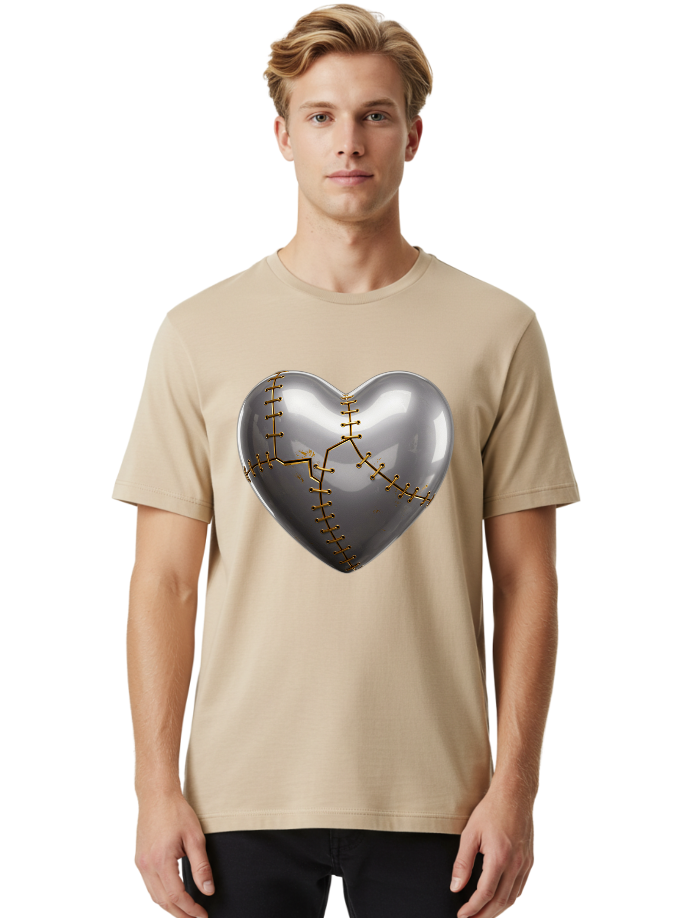 Gray-Heart-With-Gold-Stitches Men'S Graphic Tee, 100% Cotton, Comfortable Casual Summer Wear, Machine Washable, Broken Heart, Kintsugi Repair, Gold Stitching, Mended Love, Heartbreak Healing, Symbolic Art, 3D Rendering, Emotional Recovery, Bae026