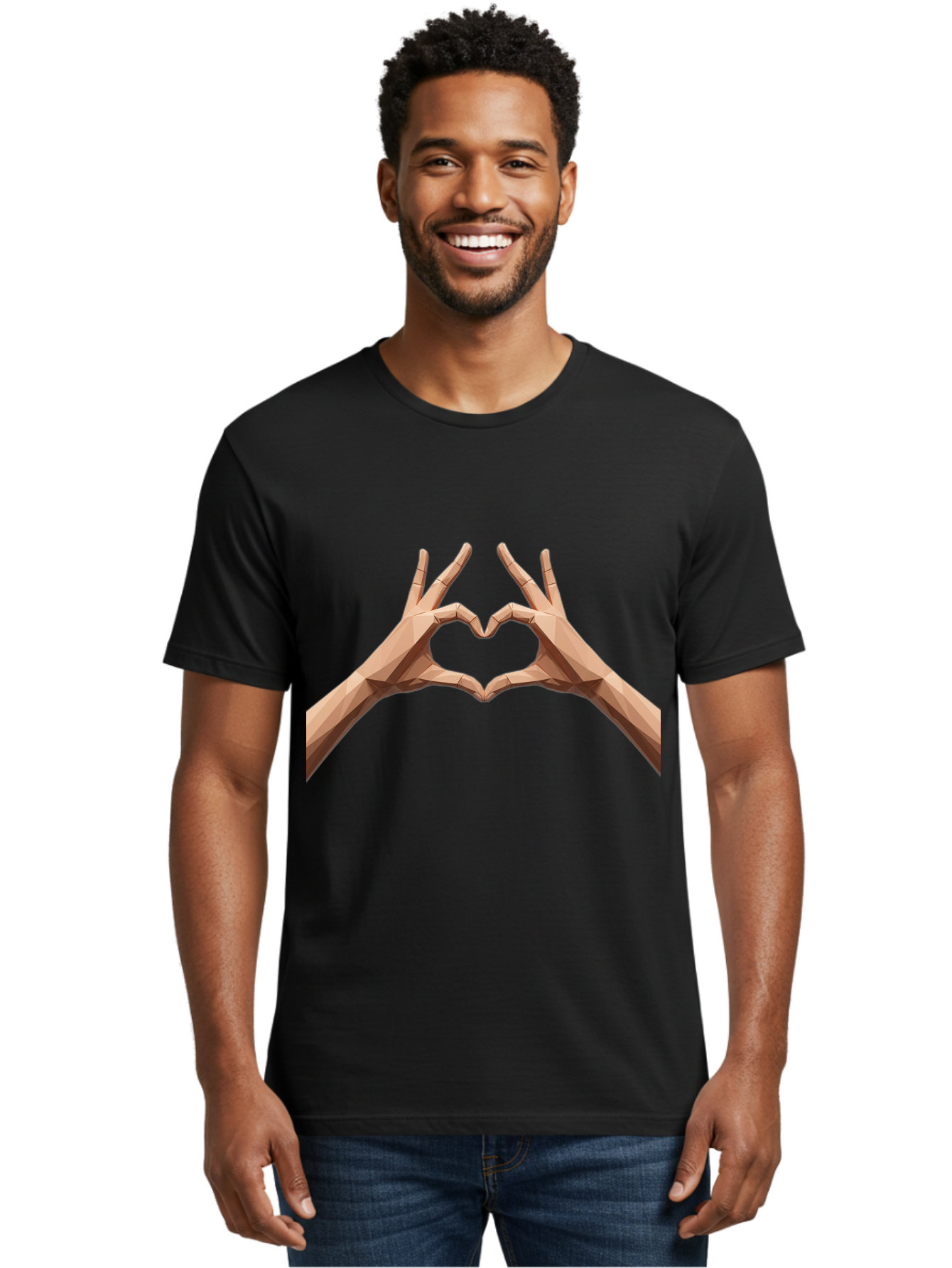 Hands-Heart-Gesture Men'S Graphic Tee, 100% Cotton, Comfortable Casual Summer Wear, Machine Washable, Low Poly Hands, Heart Shape, Love Symbol, 3D Art, Geometric Design, Affectionate Gesture, Digital Illustration, Heart Hands Bae028
