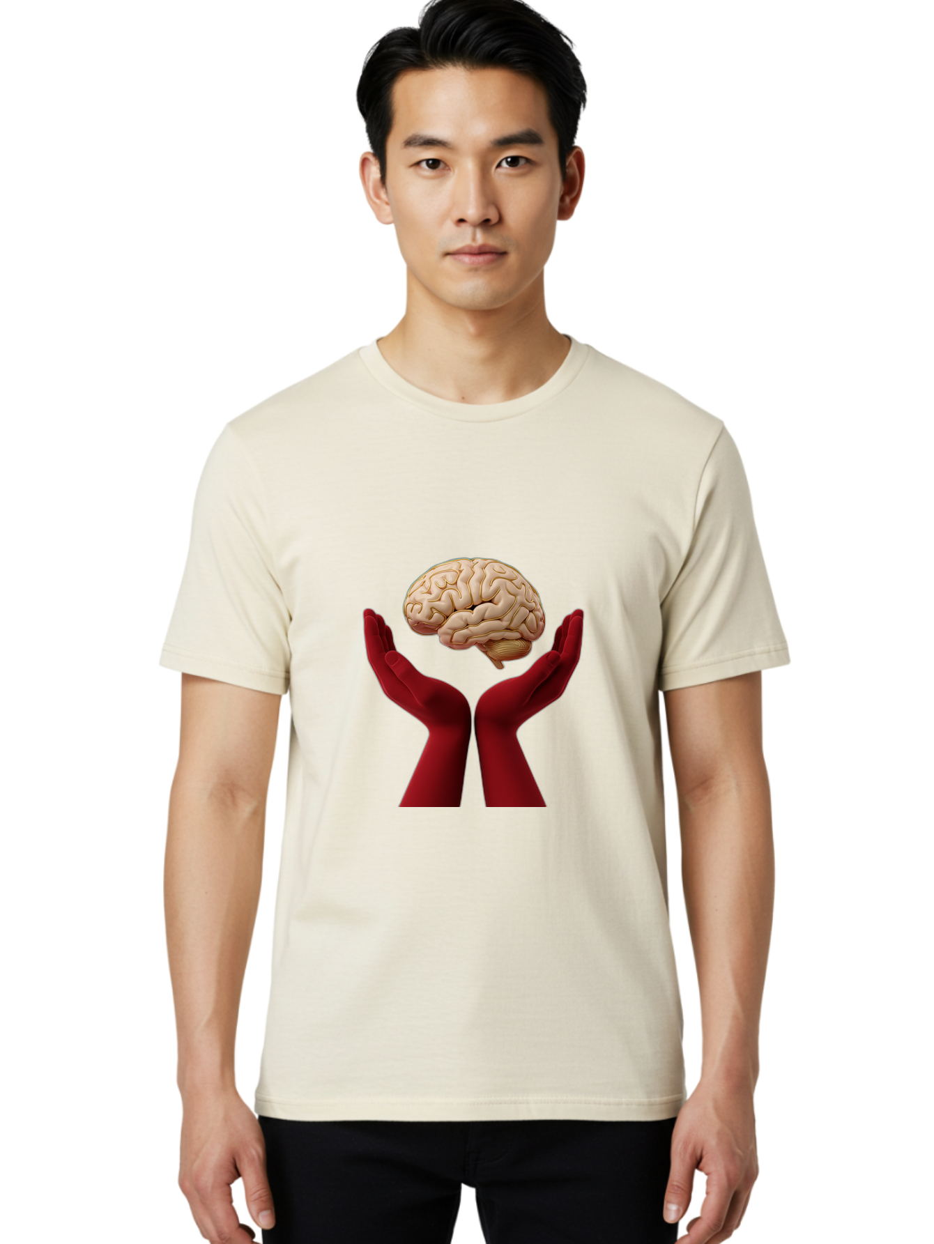 Hands-Holding-Brain-1 Men'S Graphic Tee, 100% Cotton, Comfortable Casual Summer Wear, Machine Washable, Human Brain, Hands Holding Brain, Cognitive Function, Neuroscience, Human Anatomy, Red Gloves, Realistic Brain Model, Medical Illustration, Bae029