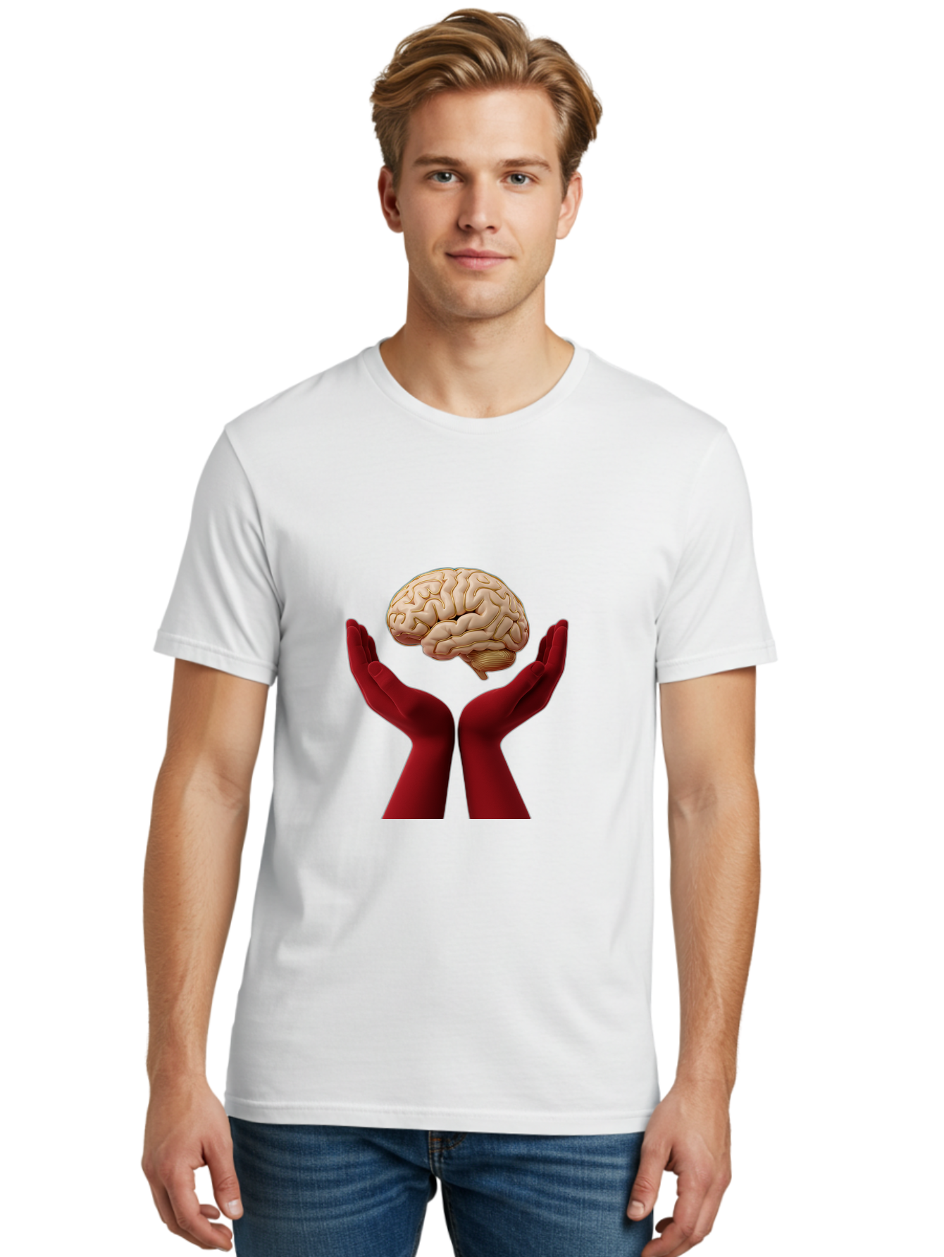 Hands-Holding-Brain-1 Men'S Graphic Tee, 100% Cotton, Comfortable Casual Summer Wear, Machine Washable, Human Brain, Hands Holding Brain, Cognitive Function, Neuroscience, Human Anatomy, Red Gloves, Realistic Brain Model, Medical Illustration, Bae029