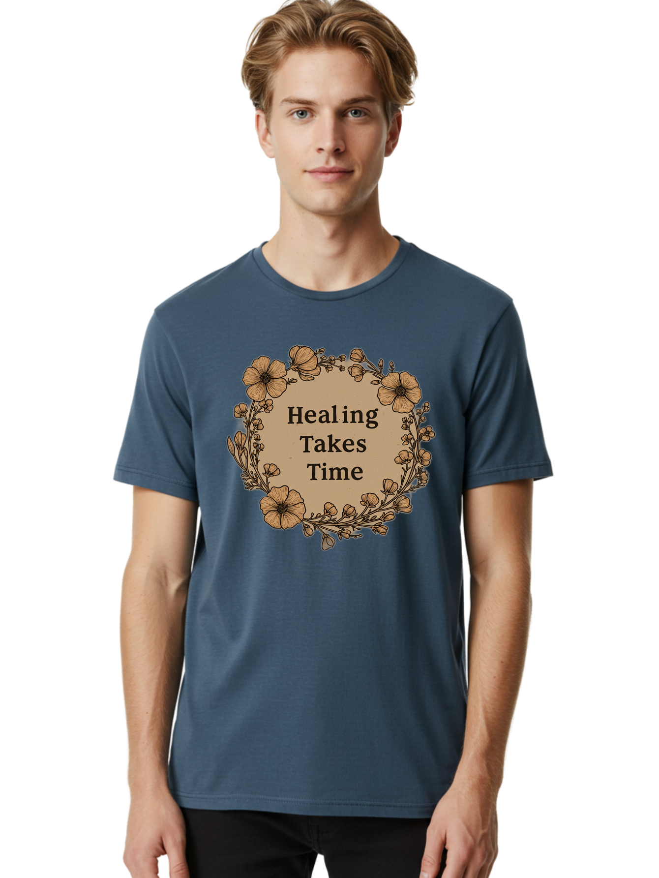 Healing-Takes-Time-2 Men'S Graphic Tee, 100% Cotton, Comfortable Casual Summer Wear, Machine Washable, Healing Takes Time, Inspirational Quote, Motivational Message, Floral Wreath, Delicate Flowers, Serene Atmosphere, Self-Care Reminder, Bae032
