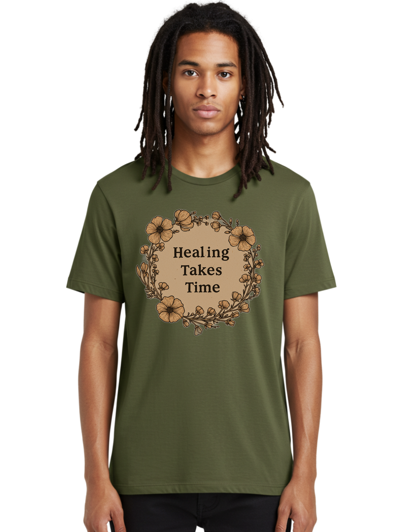 Healing-Takes-Time-2 Men'S Graphic Tee, 100% Cotton, Comfortable Casual Summer Wear, Machine Washable, Healing Takes Time, Inspirational Quote, Motivational Message, Floral Wreath, Delicate Flowers, Serene Atmosphere, Self-Care Reminder, Bae032