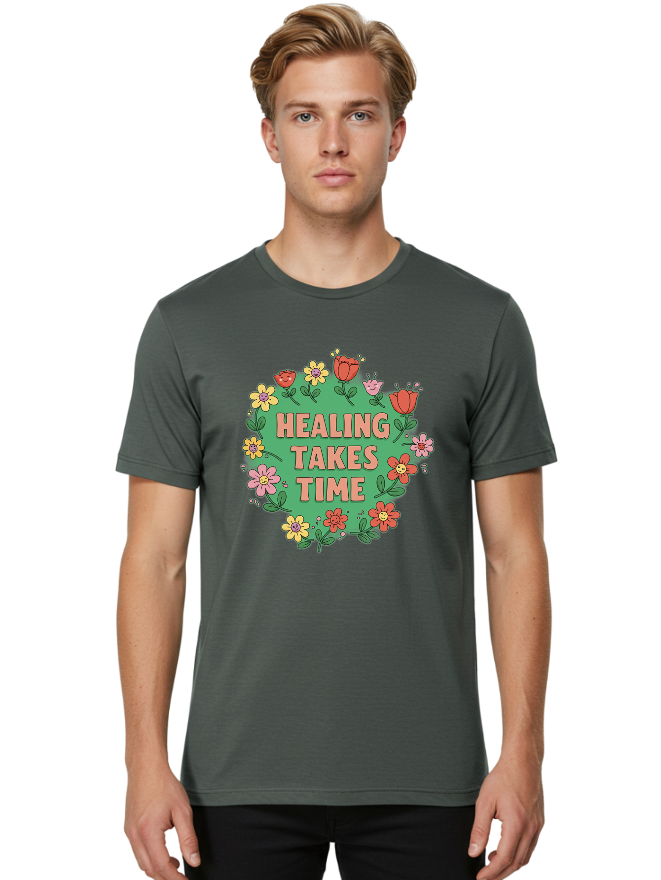 Healing-Takes-Time-3 Men'S Graphic Tee, 100% Cotton, Comfortable Casual Summer Wear, Machine Washable, Floral Wreath, Healing Takes Time, Inspirational Quote, Motivational Message, Self Care, Wellness, Mindfulness, Positive Affirmation Bae033