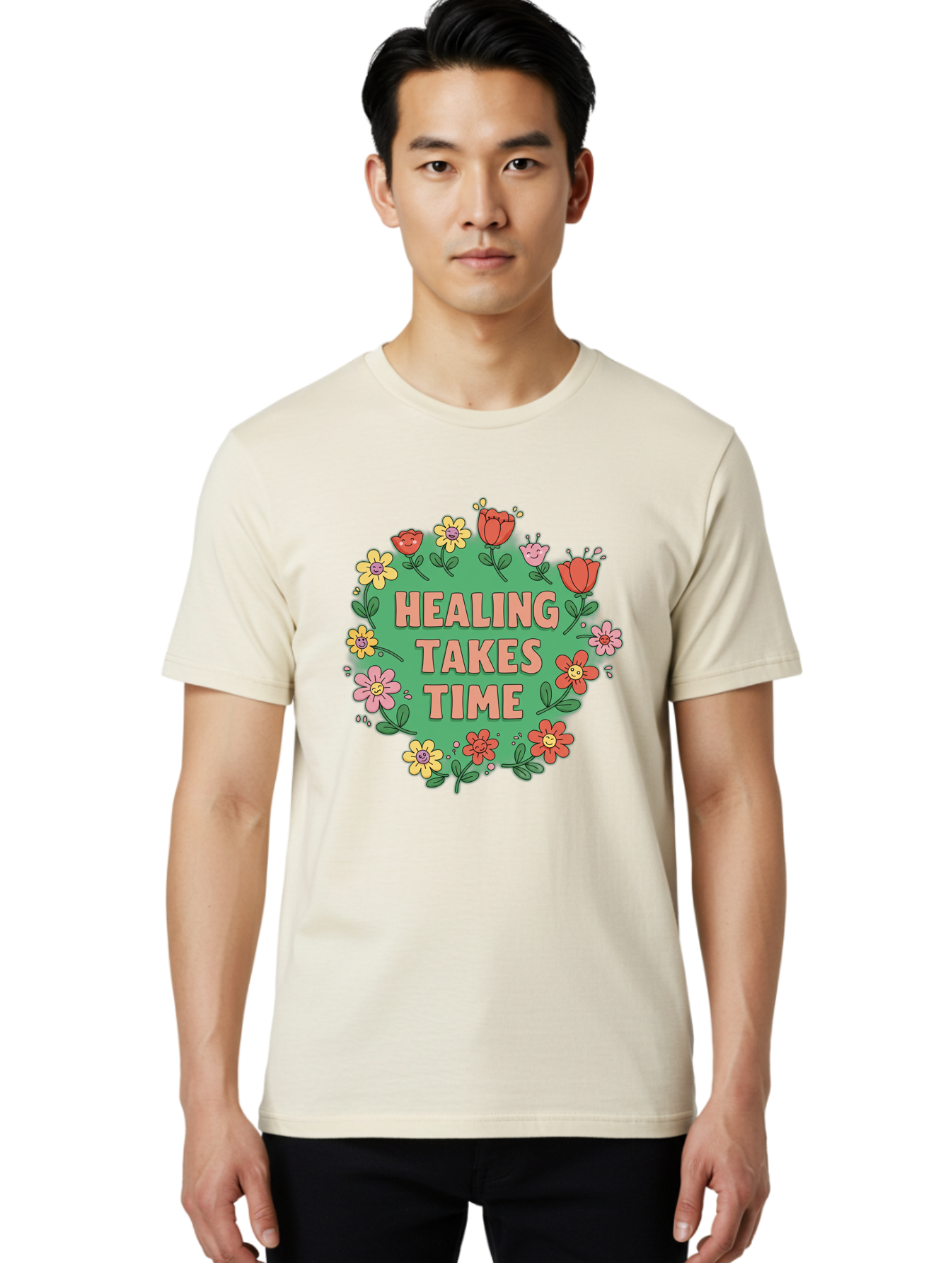 Healing-Takes-Time-3 Men'S Graphic Tee, 100% Cotton, Comfortable Casual Summer Wear, Machine Washable, Floral Wreath, Healing Takes Time, Inspirational Quote, Motivational Message, Self Care, Wellness, Mindfulness, Positive Affirmation Bae033