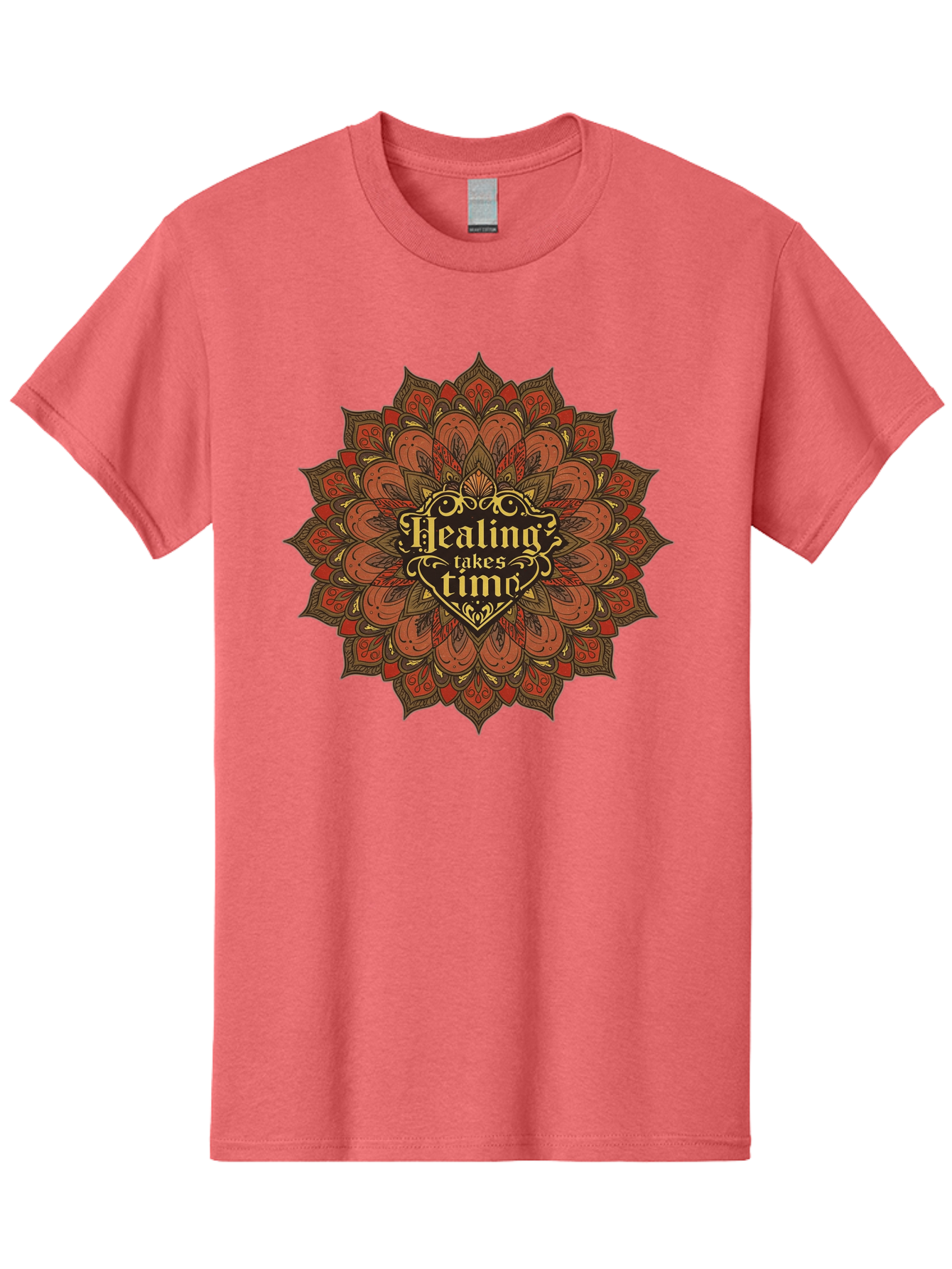 Healing-Takes-Time-4 Men'S Graphic Tee, 100% Cotton, Comfortable Casual Summer Wear, Machine Washable, Mandala Design, Healing Takes Time, Red And Gold Patterns, Intricate Details, Motivational Quote, Mindfulness, Self-Care, Bae034