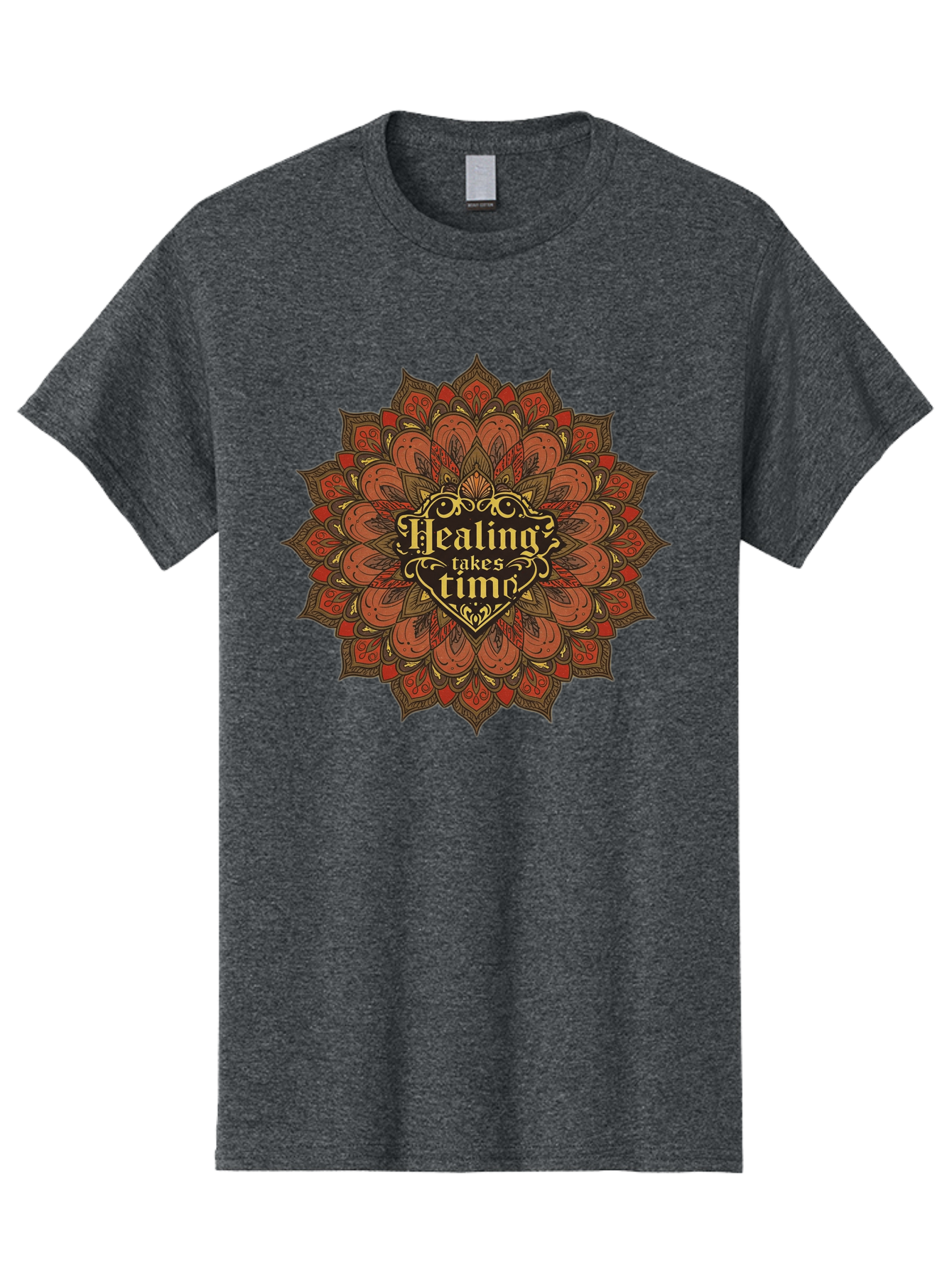 Healing-Takes-Time-4 Men'S Graphic Tee, 100% Cotton, Comfortable Casual Summer Wear, Machine Washable, Mandala Design, Healing Takes Time, Red And Gold Patterns, Intricate Details, Motivational Quote, Mindfulness, Self-Care, Bae034