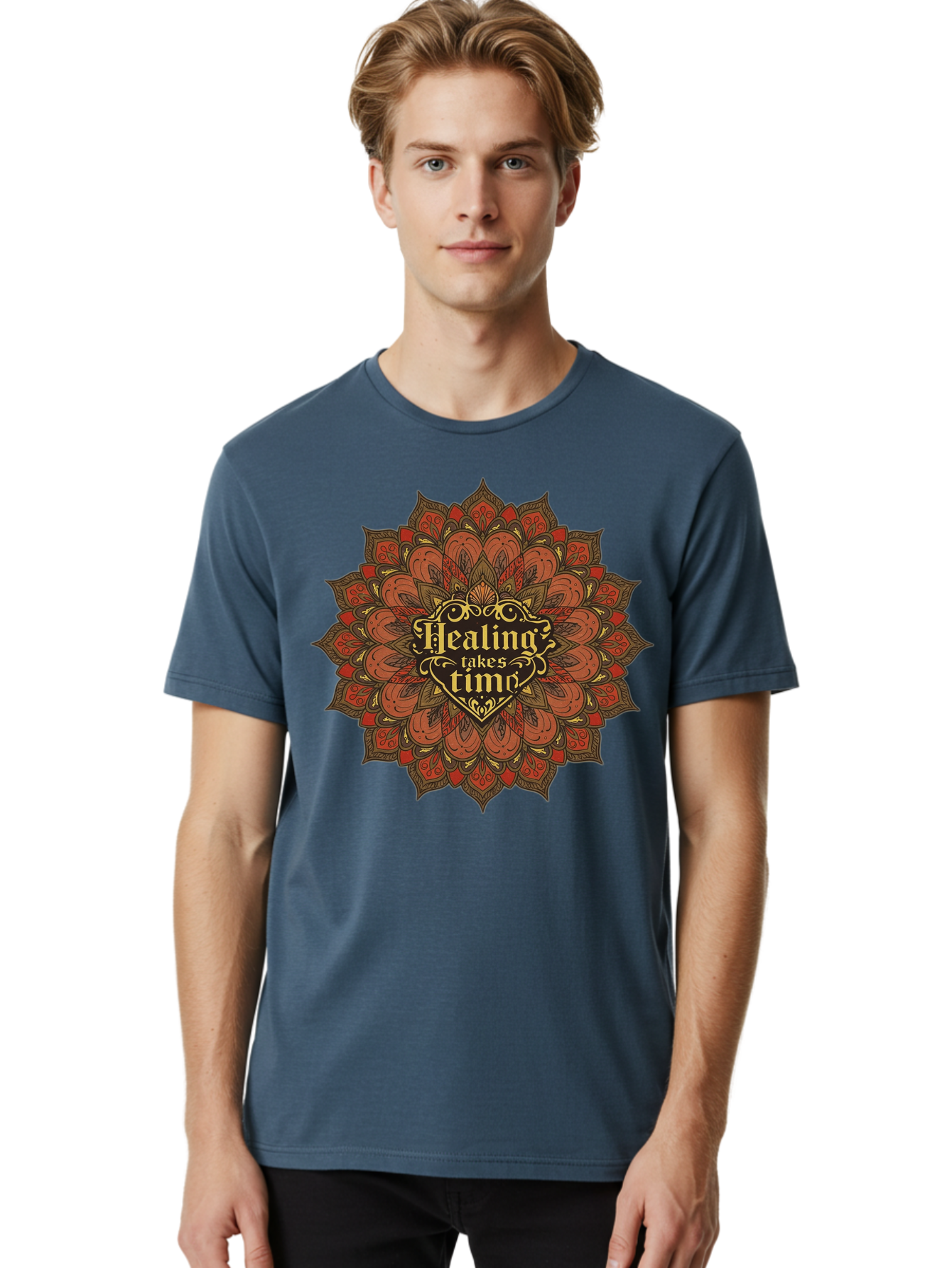 Healing-Takes-Time-4 Men'S Graphic Tee, 100% Cotton, Comfortable Casual Summer Wear, Machine Washable, Mandala Design, Healing Takes Time, Red And Gold Patterns, Intricate Details, Motivational Quote, Mindfulness, Self-Care, Bae034