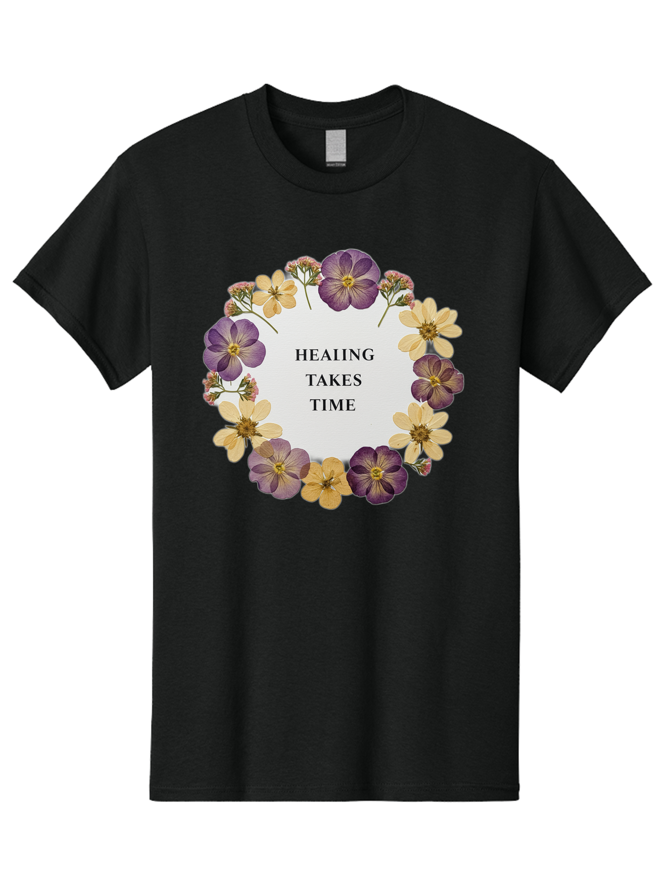 Healing-Takes-Time-5 Men'S Graphic Tee, 100% Cotton, Comfortable Casual Summer Wear, Machine Washable, Healing Takes Time, Purple And Yellow Flowers, Floral Wreath, Inspirational Quote, Motivational Message, Mental Health Awareness, Self Care, Bae035