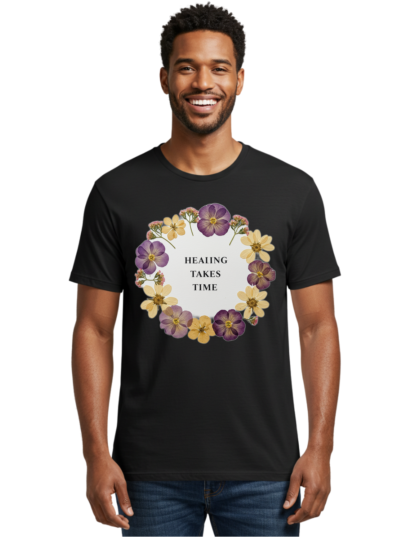 Healing-Takes-Time-5 Men'S Graphic Tee, 100% Cotton, Comfortable Casual Summer Wear, Machine Washable, Healing Takes Time, Purple And Yellow Flowers, Floral Wreath, Inspirational Quote, Motivational Message, Mental Health Awareness, Self Care, Bae035