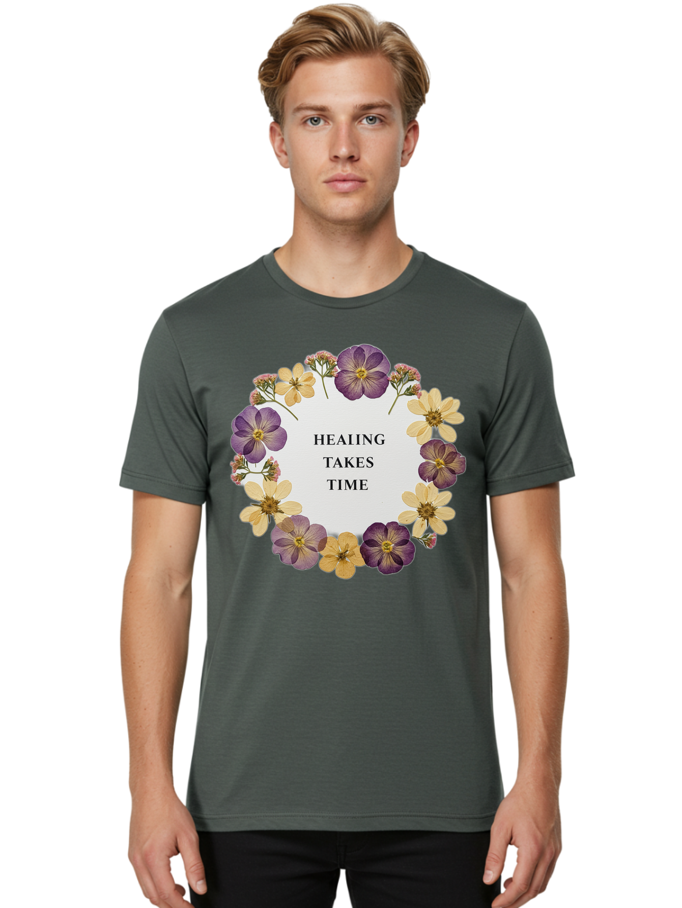 Healing-Takes-Time-5 Men'S Graphic Tee, 100% Cotton, Comfortable Casual Summer Wear, Machine Washable, Healing Takes Time, Purple And Yellow Flowers, Floral Wreath, Inspirational Quote, Motivational Message, Mental Health Awareness, Self Care, Bae035