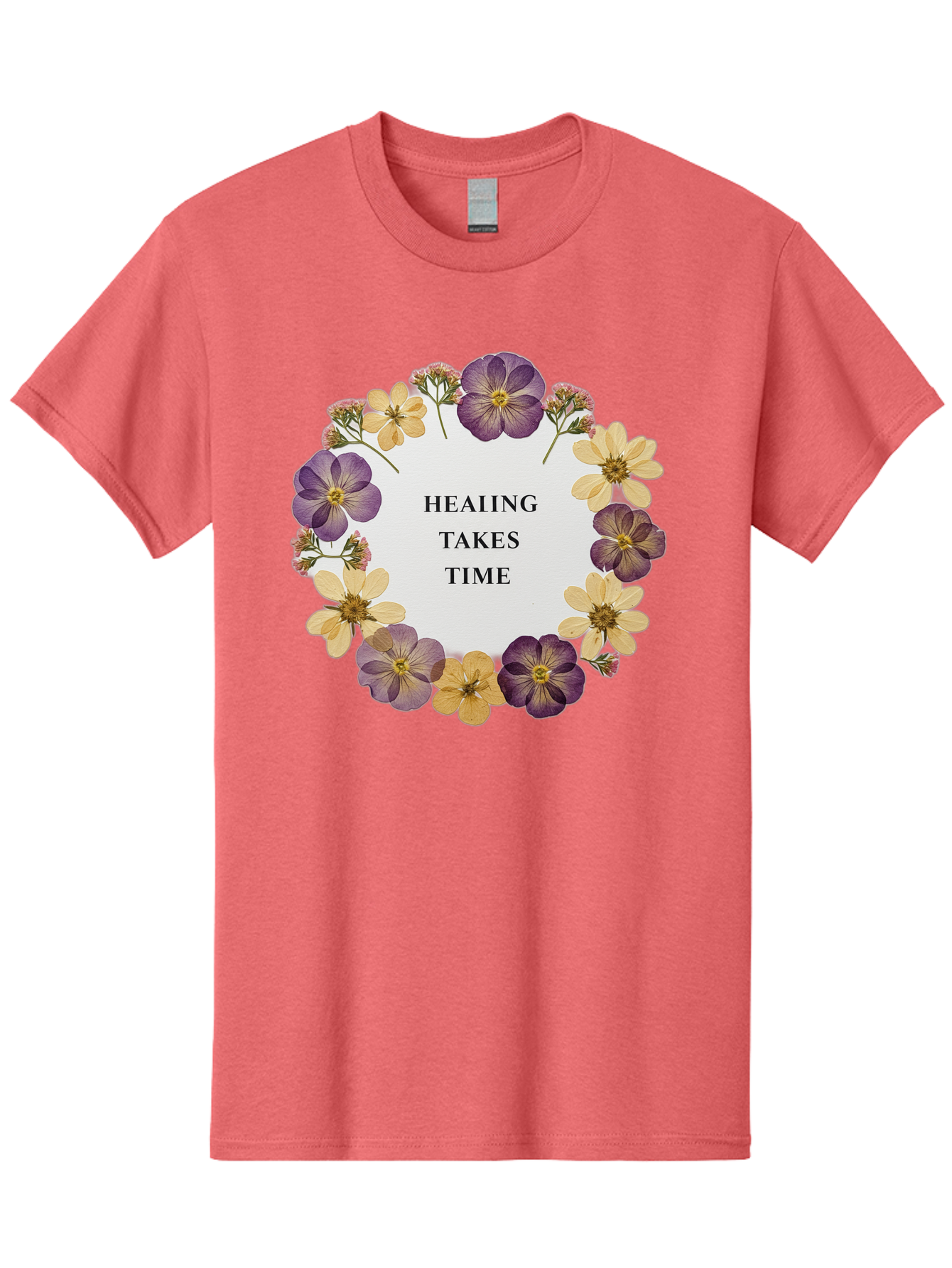 Healing-Takes-Time-5 Men'S Graphic Tee, 100% Cotton, Comfortable Casual Summer Wear, Machine Washable, Healing Takes Time, Purple And Yellow Flowers, Floral Wreath, Inspirational Quote, Motivational Message, Mental Health Awareness, Self Care, Bae035