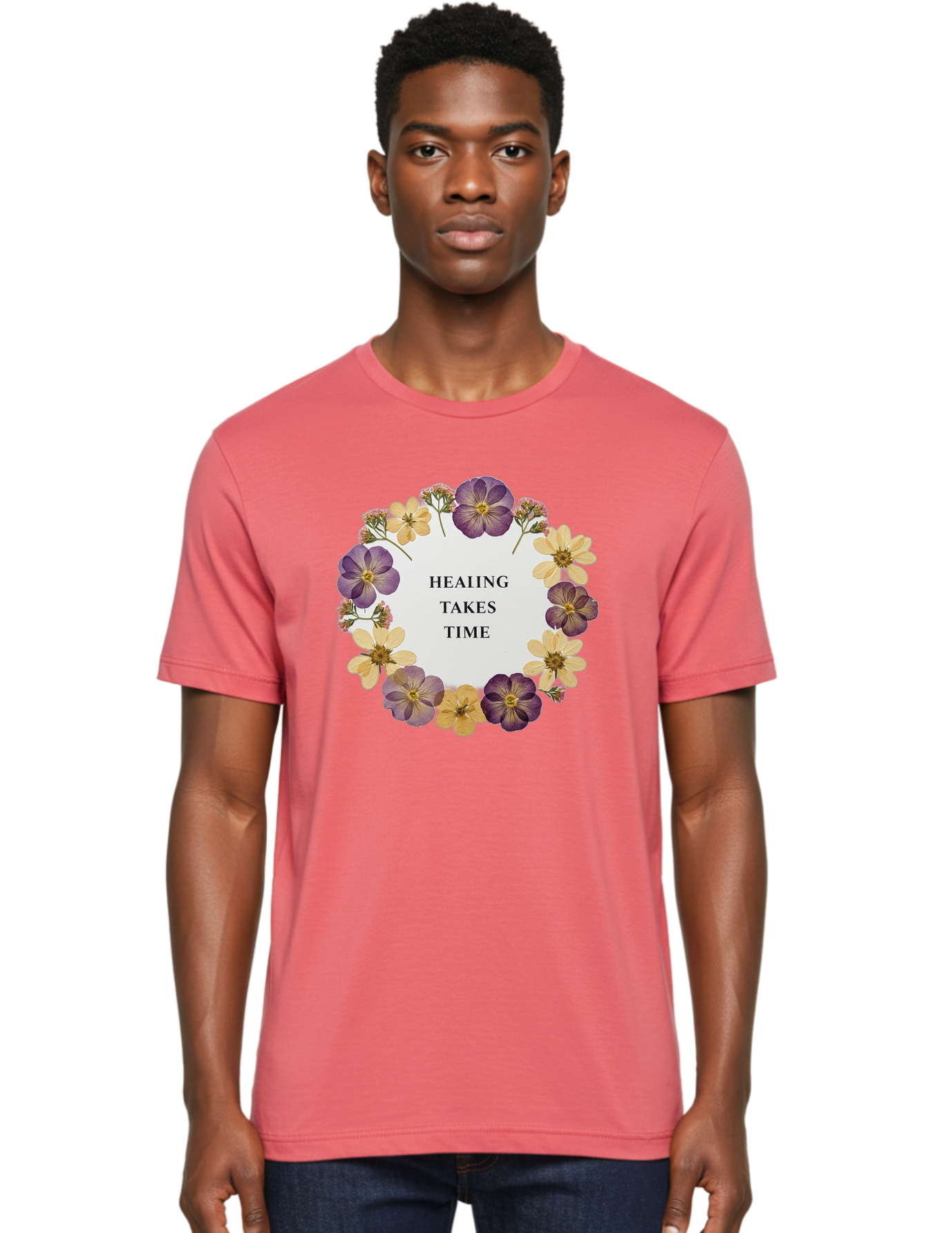 Healing-Takes-Time-5 Men'S Graphic Tee, 100% Cotton, Comfortable Casual Summer Wear, Machine Washable, Healing Takes Time, Purple And Yellow Flowers, Floral Wreath, Inspirational Quote, Motivational Message, Mental Health Awareness, Self Care, Bae035