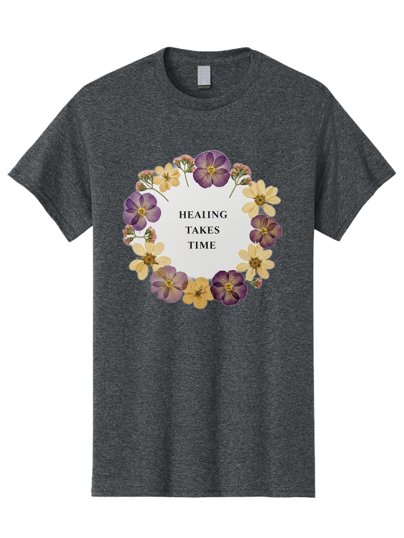 Healing-Takes-Time-5 Men'S Graphic Tee, 100% Cotton, Comfortable Casual Summer Wear, Machine Washable, Healing Takes Time, Purple And Yellow Flowers, Floral Wreath, Inspirational Quote, Motivational Message, Mental Health Awareness, Self Care, Bae035