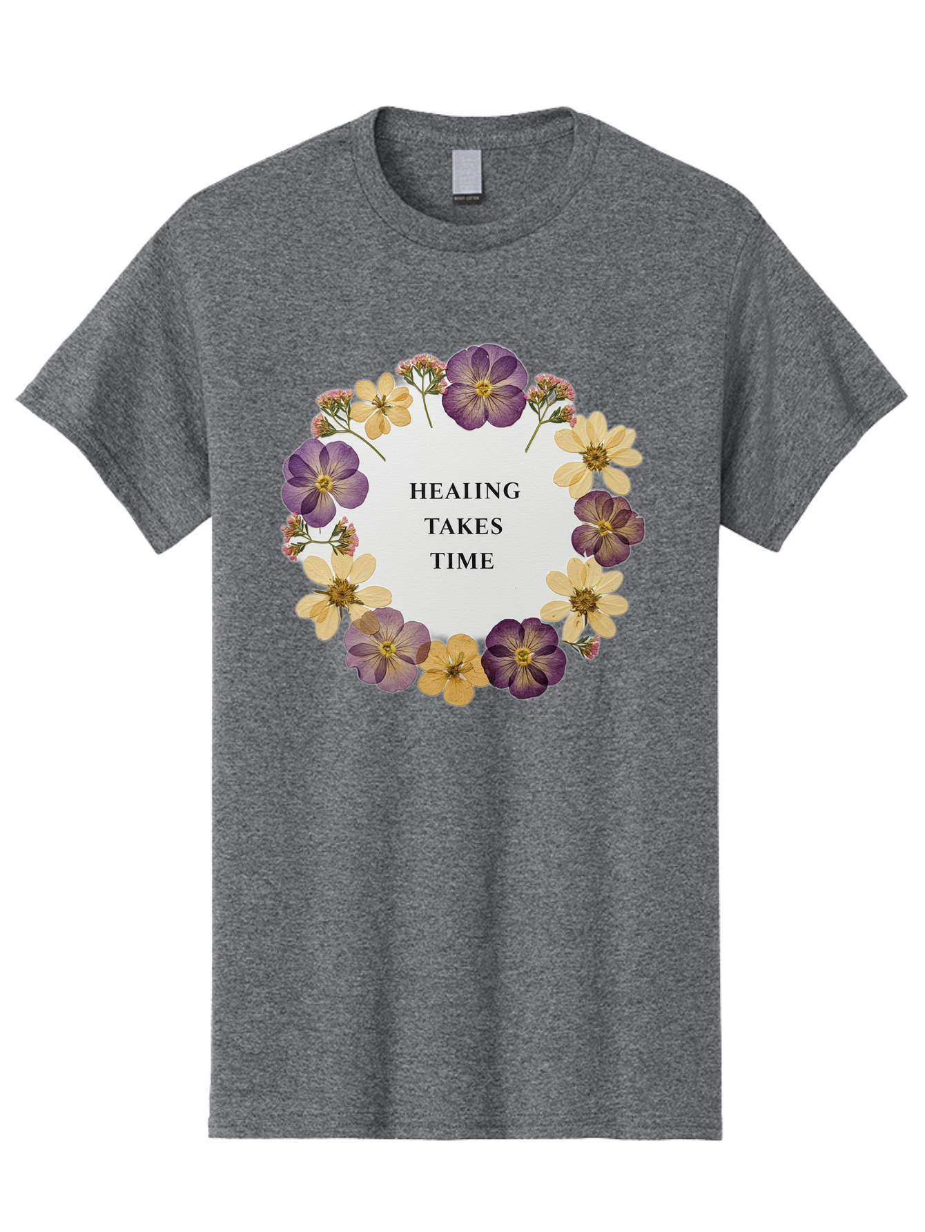 Healing-Takes-Time-5 Men'S Graphic Tee, 100% Cotton, Comfortable Casual Summer Wear, Machine Washable, Healing Takes Time, Purple And Yellow Flowers, Floral Wreath, Inspirational Quote, Motivational Message, Mental Health Awareness, Self Care, Bae035