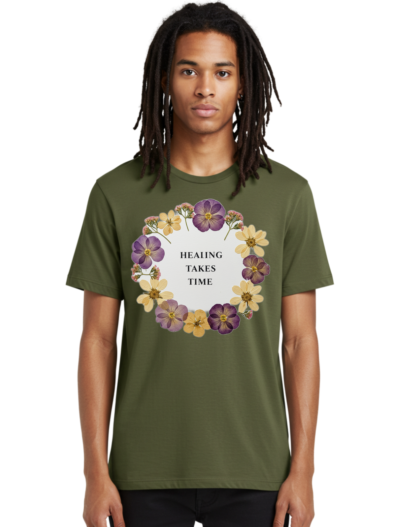 Healing-Takes-Time-5 Men'S Graphic Tee, 100% Cotton, Comfortable Casual Summer Wear, Machine Washable, Healing Takes Time, Purple And Yellow Flowers, Floral Wreath, Inspirational Quote, Motivational Message, Mental Health Awareness, Self Care, Bae035