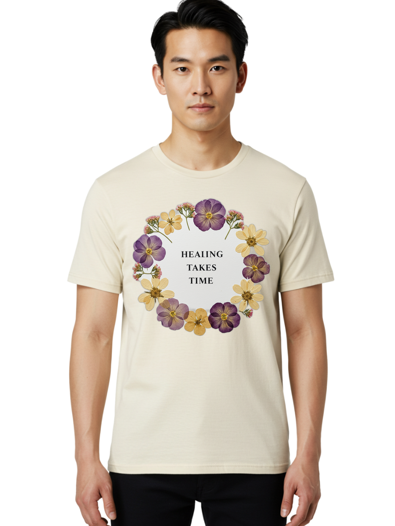 Healing-Takes-Time-5 Men'S Graphic Tee, 100% Cotton, Comfortable Casual Summer Wear, Machine Washable, Healing Takes Time, Purple And Yellow Flowers, Floral Wreath, Inspirational Quote, Motivational Message, Mental Health Awareness, Self Care, Bae035