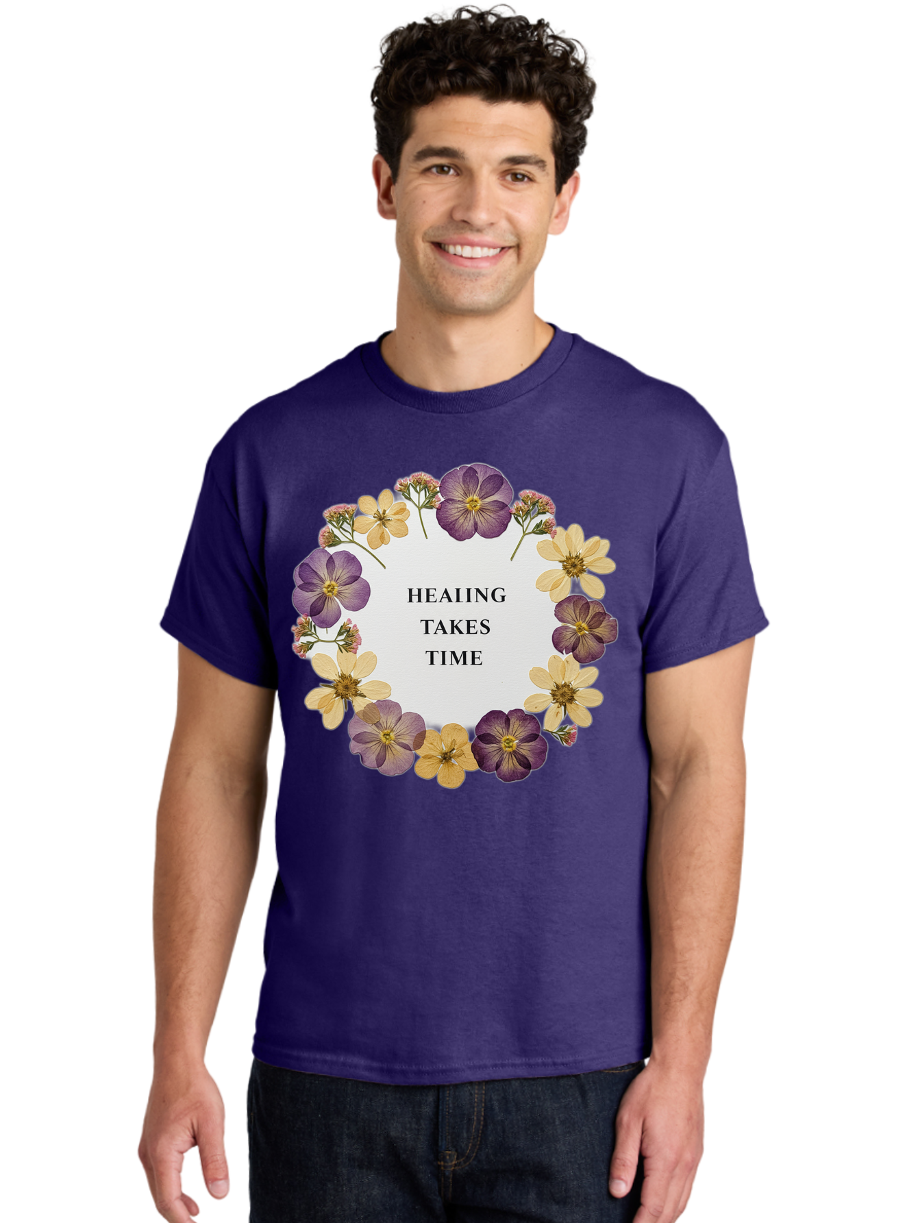 Healing-Takes-Time-5 Men'S Graphic Tee, 100% Cotton, Comfortable Casual Summer Wear, Machine Washable, Healing Takes Time, Purple And Yellow Flowers, Floral Wreath, Inspirational Quote, Motivational Message, Mental Health Awareness, Self Care, Bae035