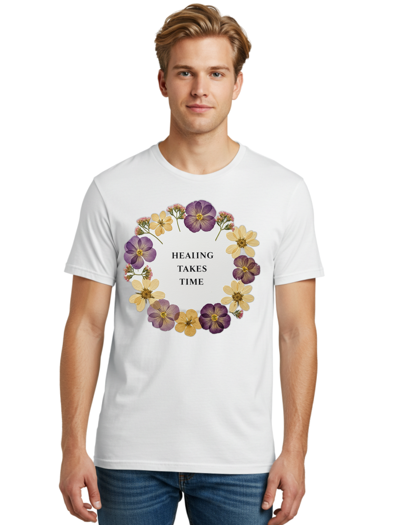 Healing-Takes-Time-5 Men'S Graphic Tee, 100% Cotton, Comfortable Casual Summer Wear, Machine Washable, Healing Takes Time, Purple And Yellow Flowers, Floral Wreath, Inspirational Quote, Motivational Message, Mental Health Awareness, Self Care, Bae035