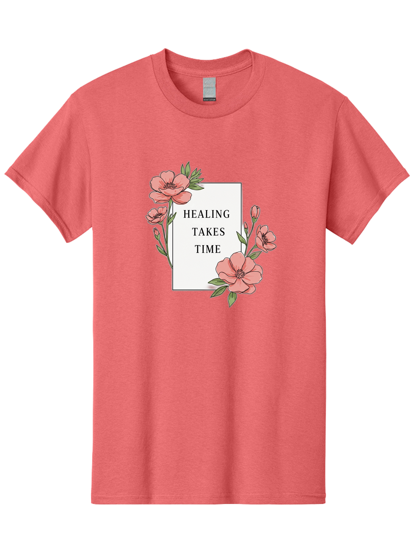 Healing-Takes-Time Men'S Graphic Tee, 100% Cotton, Comfortable Casual Summer Wear, Machine Washable, Inspirational Quote, Healing Process, Floral Illustration, Pink Flowers, Motivational Message, Self Care, Wellness, Mental Health Awareness, Bae036