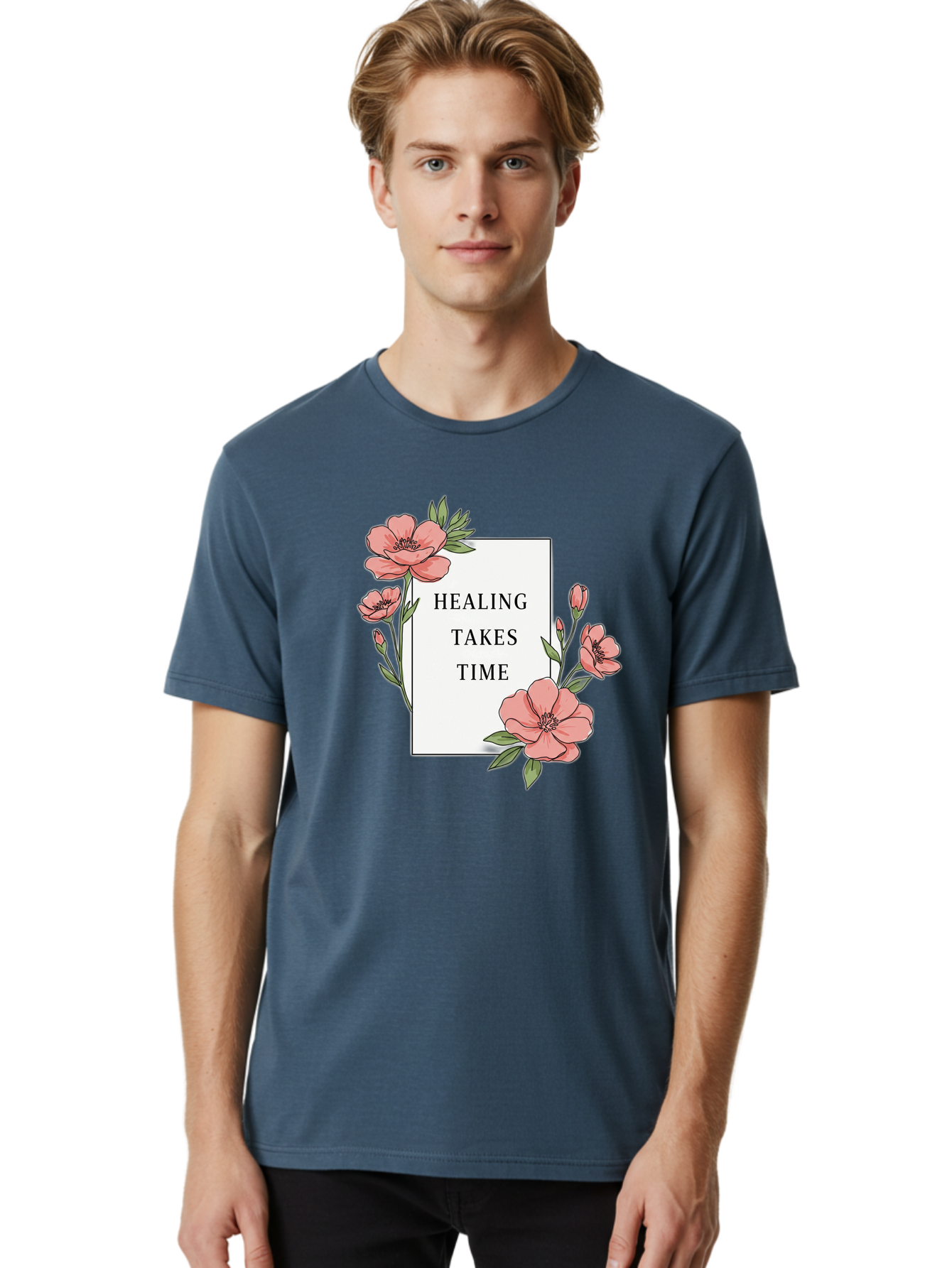 Healing-Takes-Time Men'S Graphic Tee, 100% Cotton, Comfortable Casual Summer Wear, Machine Washable, Inspirational Quote, Healing Process, Floral Illustration, Pink Flowers, Motivational Message, Self Care, Wellness, Mental Health Awareness, Bae036