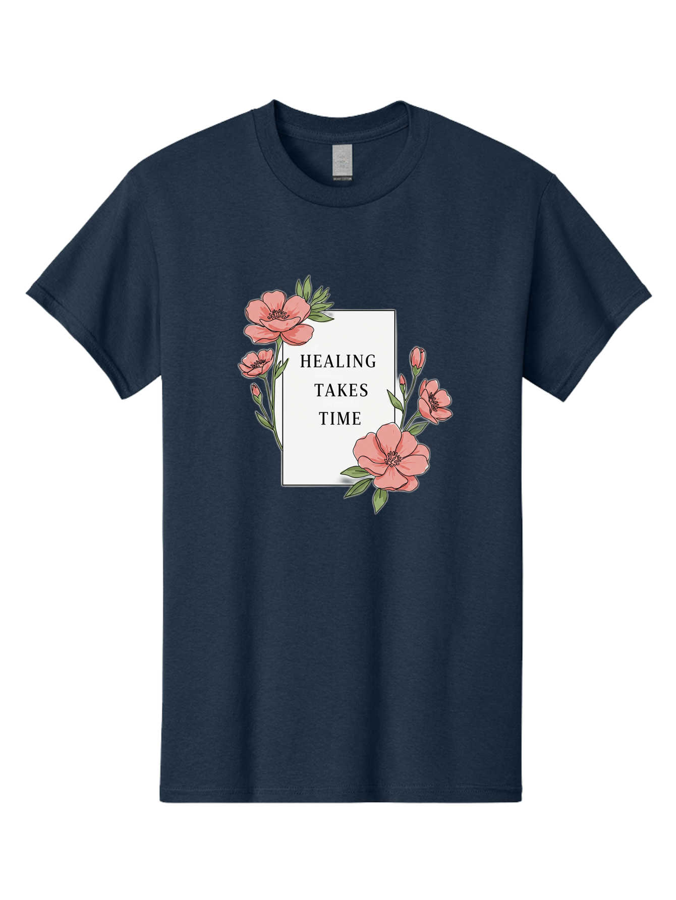 Healing-Takes-Time Men'S Graphic Tee, 100% Cotton, Comfortable Casual Summer Wear, Machine Washable, Inspirational Quote, Healing Process, Floral Illustration, Pink Flowers, Motivational Message, Self Care, Wellness, Mental Health Awareness, Bae036