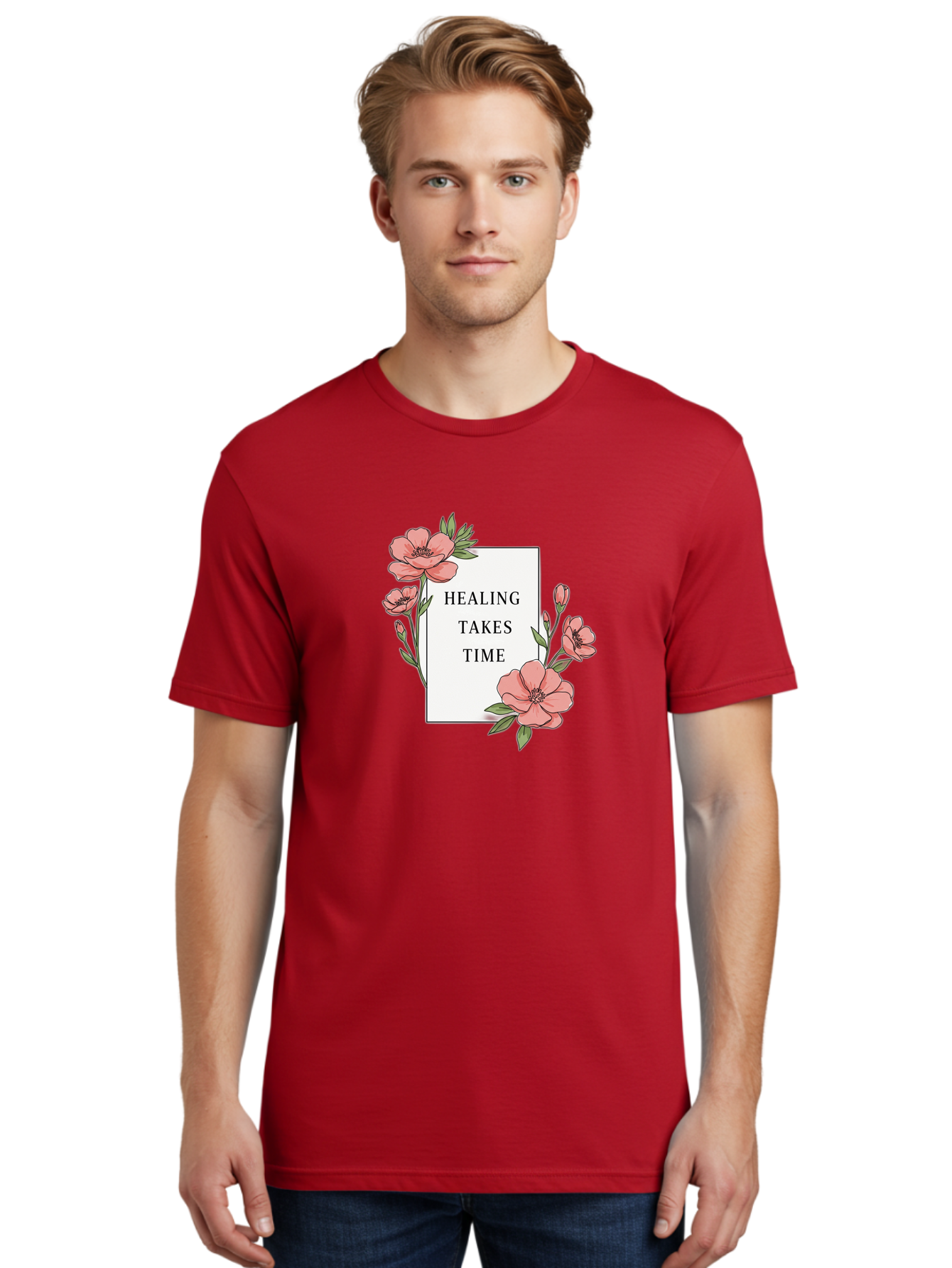 Healing-Takes-Time Men'S Graphic Tee, 100% Cotton, Comfortable Casual Summer Wear, Machine Washable, Inspirational Quote, Healing Process, Floral Illustration, Pink Flowers, Motivational Message, Self Care, Wellness, Mental Health Awareness, Bae036