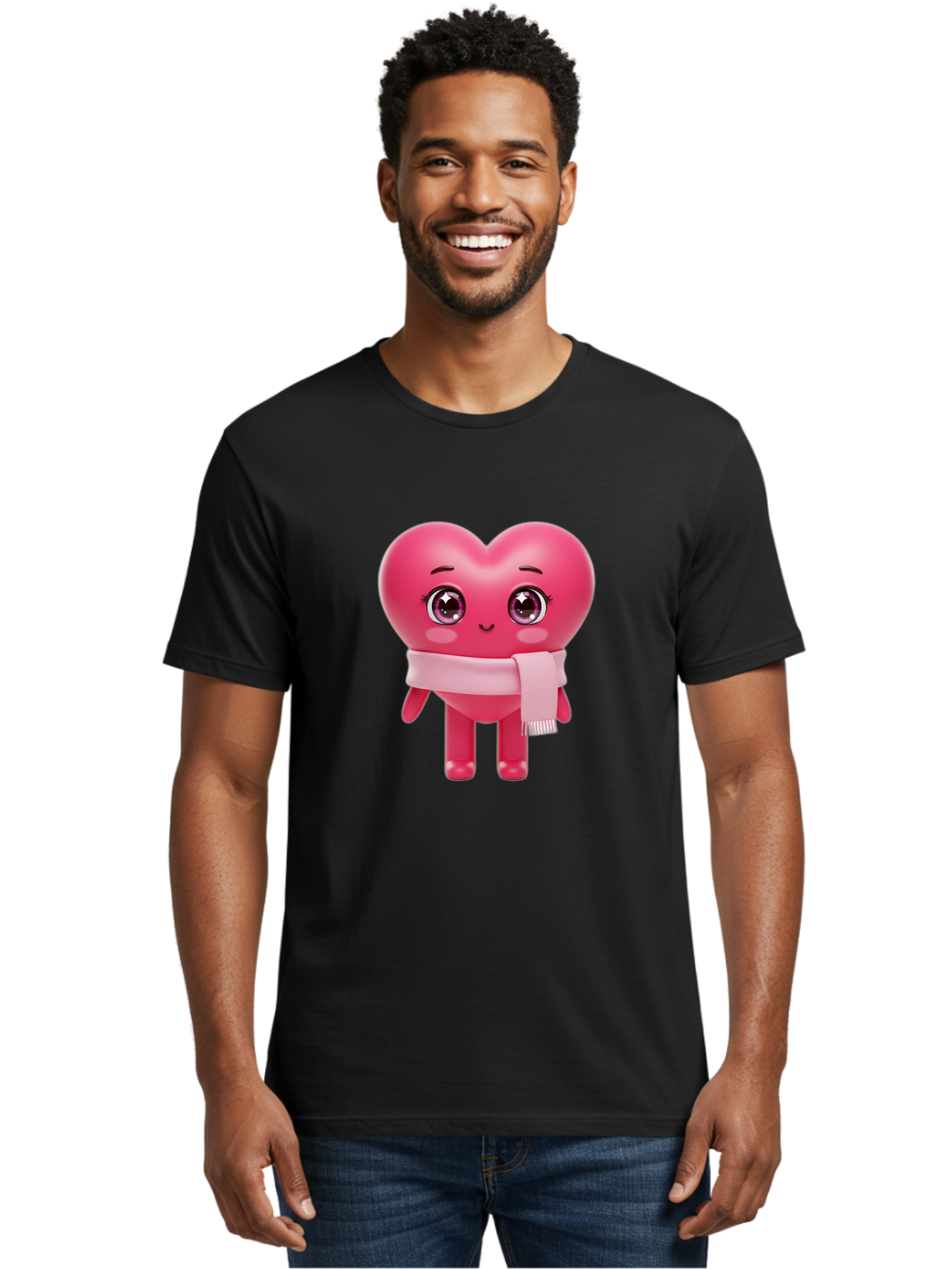 Heart-Character Men'S Graphic Tee, 100% Cotton, Comfortable Casual Summer Wear, Machine Washable, Pink Heart Character, 3D Cartoon Character, Cute Face, Large Eyes, Pink Scarf, Adorable Expression, Cartoon Style, Heart Shape, Digital Art, Bae039