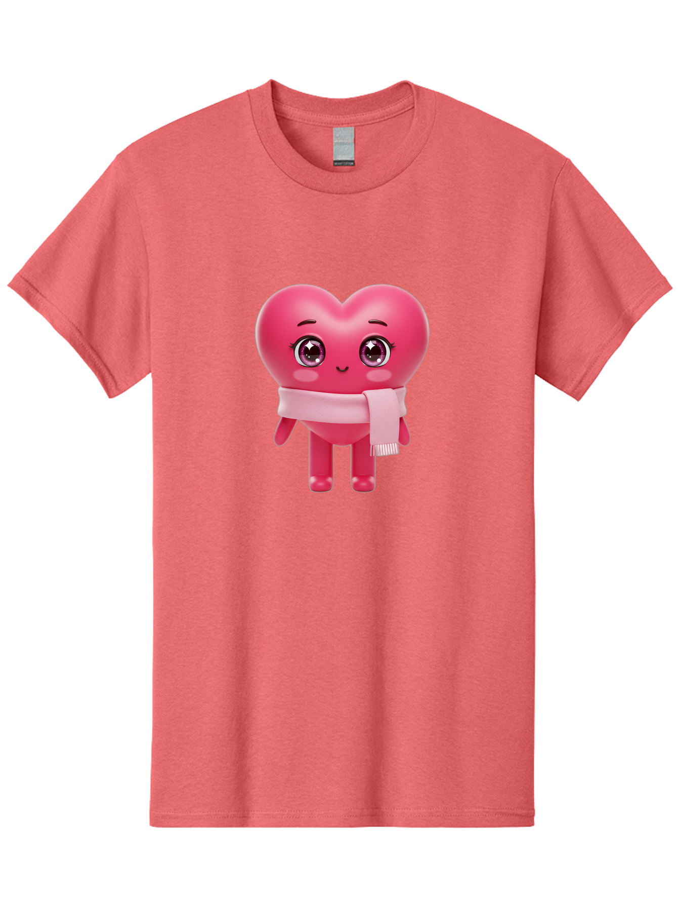 Heart-Character Men'S Graphic Tee, 100% Cotton, Comfortable Casual Summer Wear, Machine Washable, Pink Heart Character, 3D Cartoon Character, Cute Face, Large Eyes, Pink Scarf, Adorable Expression, Cartoon Style, Heart Shape, Digital Art, Bae039
