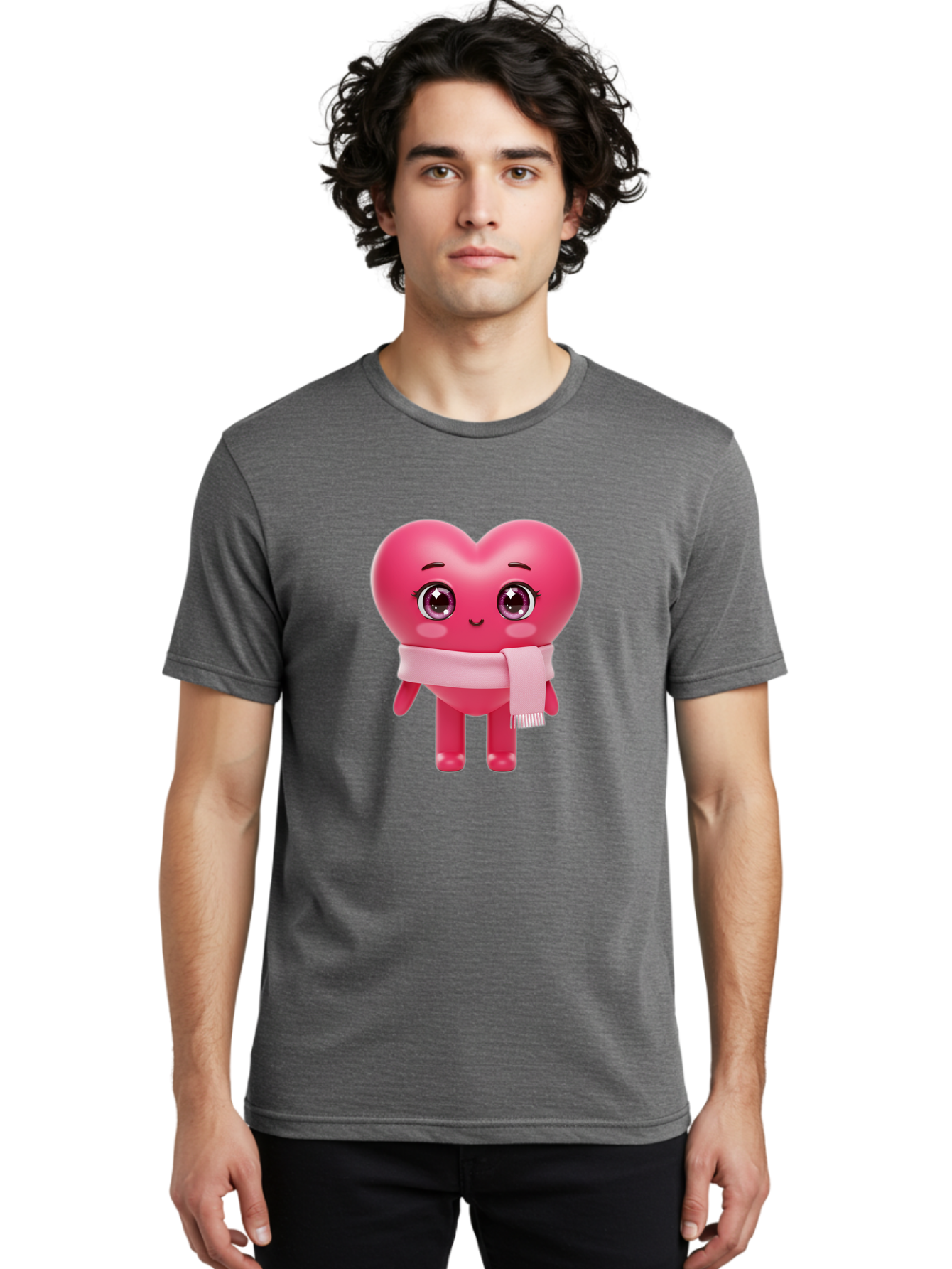 Heart-Character Men'S Graphic Tee, 100% Cotton, Comfortable Casual Summer Wear, Machine Washable, Pink Heart Character, 3D Cartoon Character, Cute Face, Large Eyes, Pink Scarf, Adorable Expression, Cartoon Style, Heart Shape, Digital Art, Bae039
