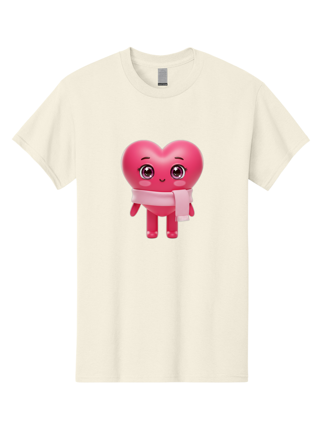 Heart-Character Men'S Graphic Tee, 100% Cotton, Comfortable Casual Summer Wear, Machine Washable, Pink Heart Character, 3D Cartoon Character, Cute Face, Large Eyes, Pink Scarf, Adorable Expression, Cartoon Style, Heart Shape, Digital Art, Bae039
