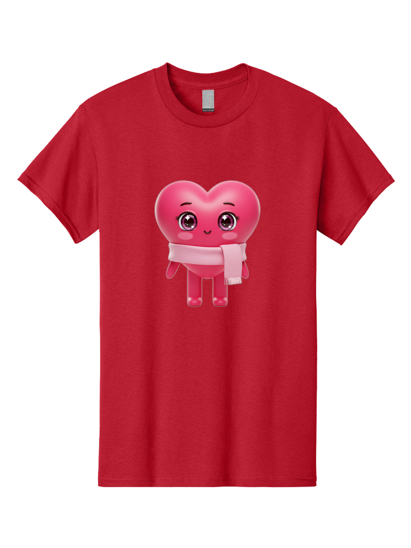 Heart-Character Men'S Graphic Tee, 100% Cotton, Comfortable Casual Summer Wear, Machine Washable, Pink Heart Character, 3D Cartoon Character, Cute Face, Large Eyes, Pink Scarf, Adorable Expression, Cartoon Style, Heart Shape, Digital Art, Bae039
