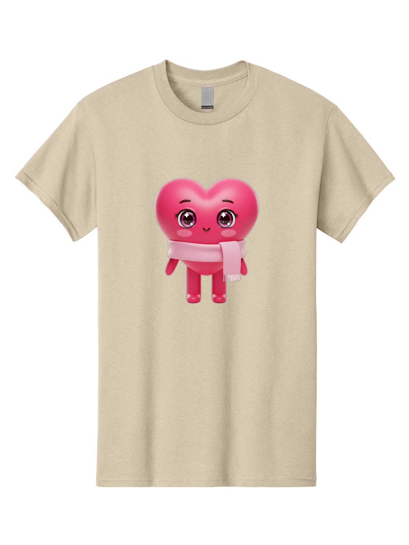 Heart-Character Men'S Graphic Tee, 100% Cotton, Comfortable Casual Summer Wear, Machine Washable, Pink Heart Character, 3D Cartoon Character, Cute Face, Large Eyes, Pink Scarf, Adorable Expression, Cartoon Style, Heart Shape, Digital Art, Bae039