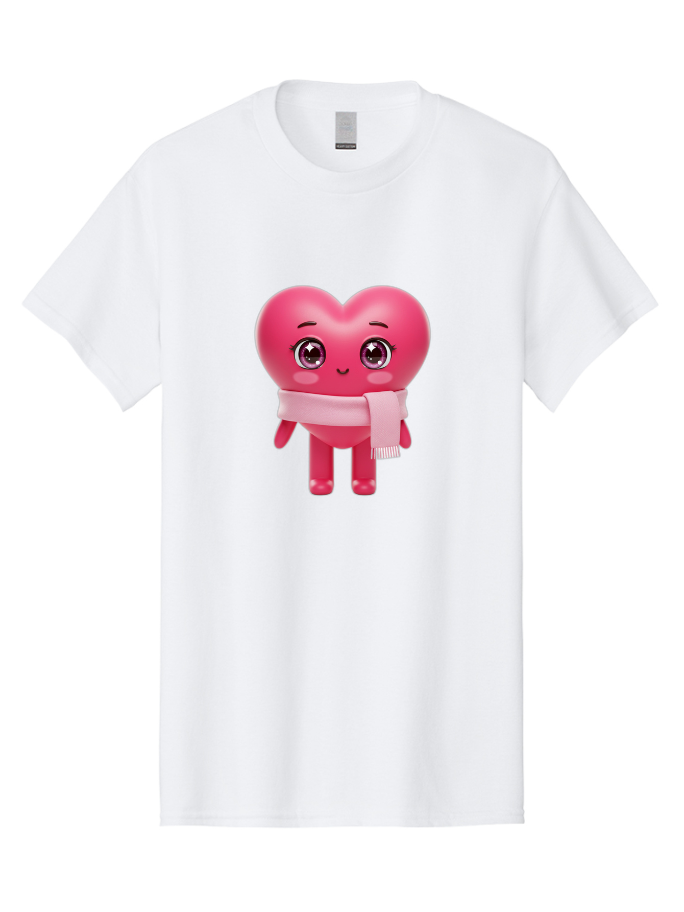 Heart-Character Men'S Graphic Tee, 100% Cotton, Comfortable Casual Summer Wear, Machine Washable, Pink Heart Character, 3D Cartoon Character, Cute Face, Large Eyes, Pink Scarf, Adorable Expression, Cartoon Style, Heart Shape, Digital Art, Bae039