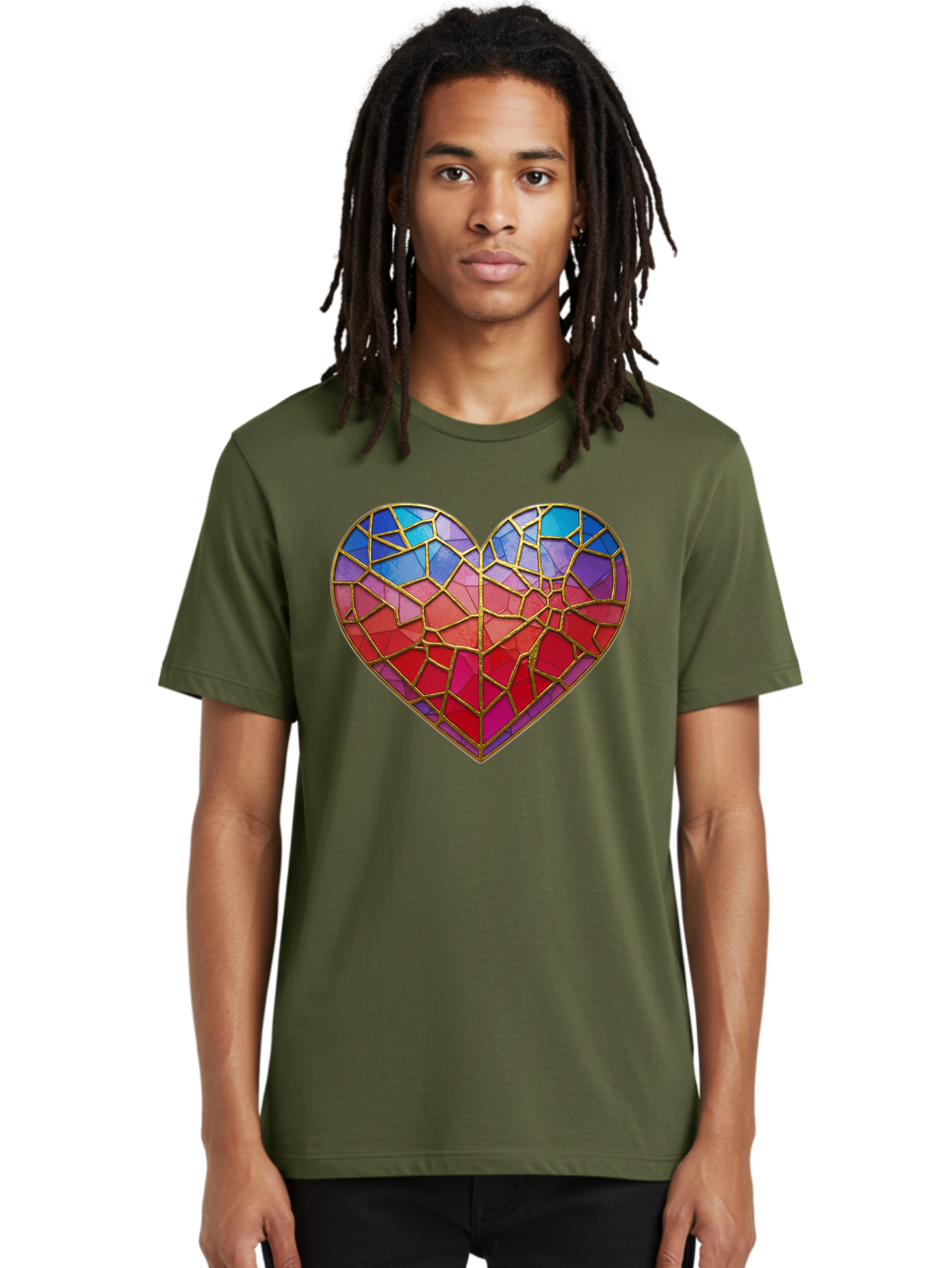 Heart-Mosaic Men'S Graphic Tee, 100% Cotton, Comfortable Casual Summer Wear, Machine Washable, Mosaic Art, Stained Glass Heart, Vibrant Colors, Gold Accents, Love Symbol, Artistic Expression, Colorful Mosaic, Heart Shape Bae040