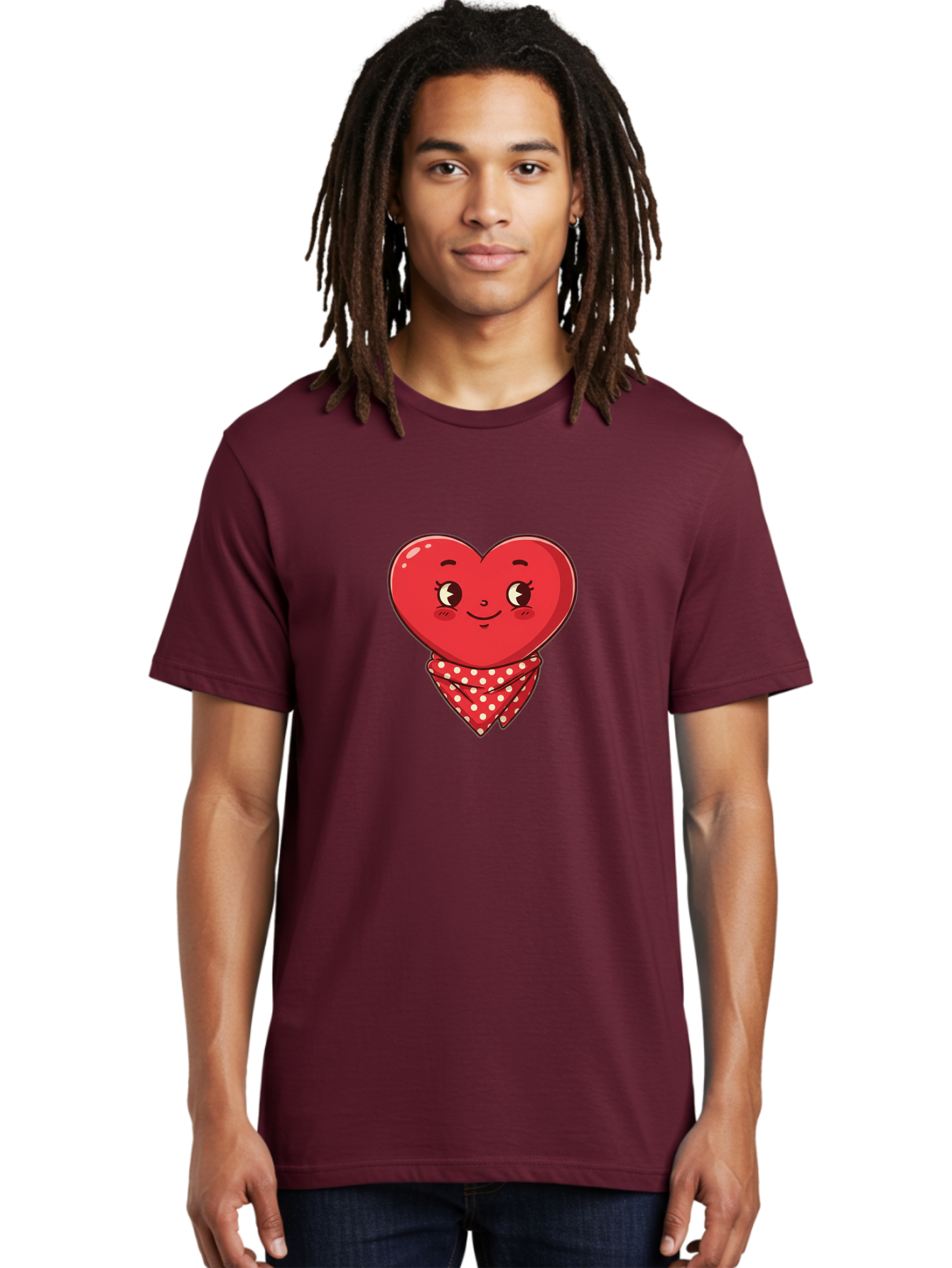 Heart-With-Bandana Men'S Graphic Tee, 100% Cotton, Comfortable Casual Summer Wear, Machine Washable, Cartoon Heart, Red Heart, Smiling Face, Heart With Bandana, Polka Dot Bandana, Cute Design, Valentines Day, Love Symbol Bae041