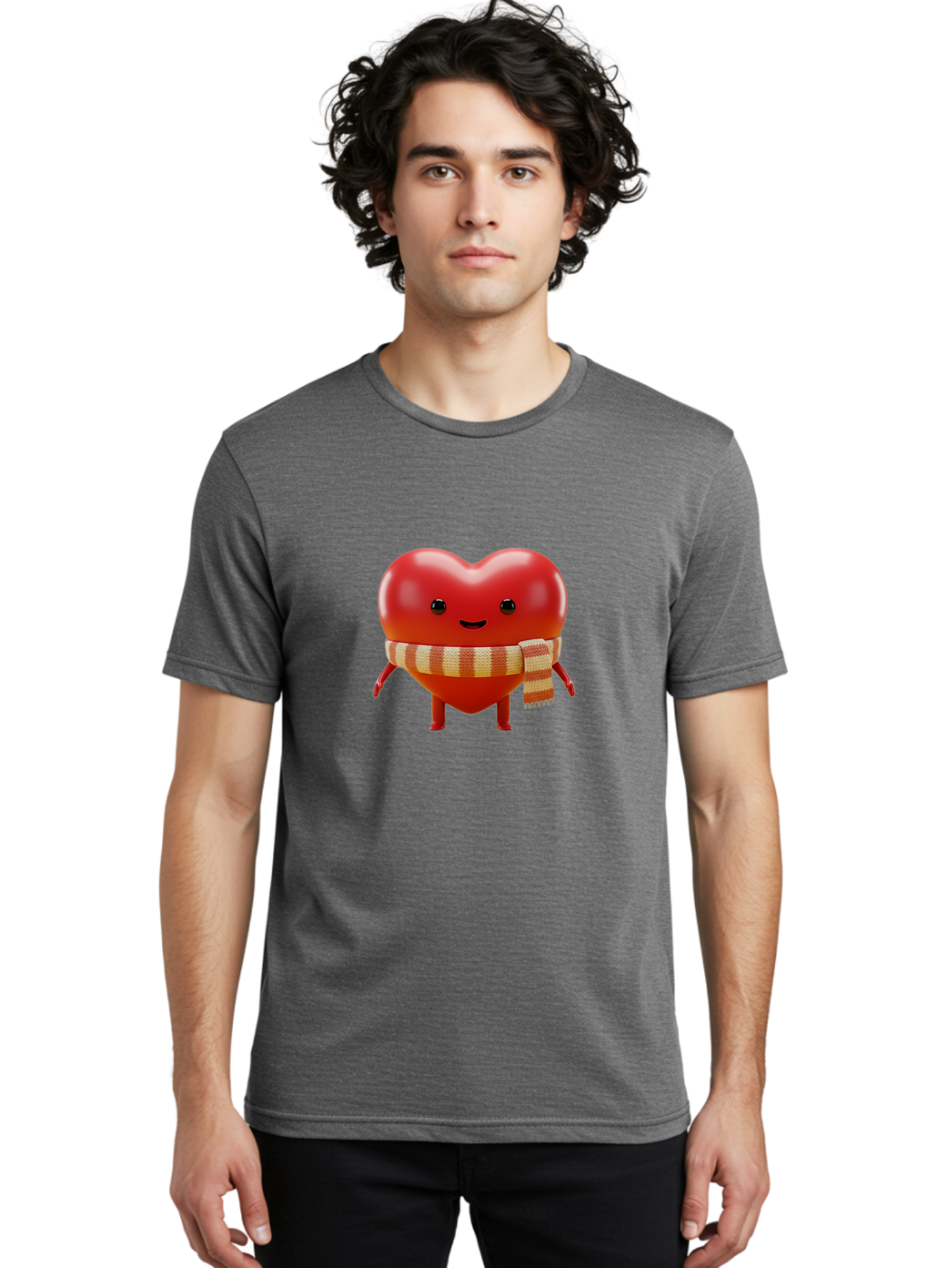 Heart-With-Scarf-1 Men'S Graphic Tee, 100% Cotton, Comfortable Casual Summer Wear, Machine Washable, Cartoon Heart, Red Heart, Smiling Face, Striped Scarf, Winter Theme, Cute Character, Heart Symbol, Illustration Art, Digital Graphic, Bae042