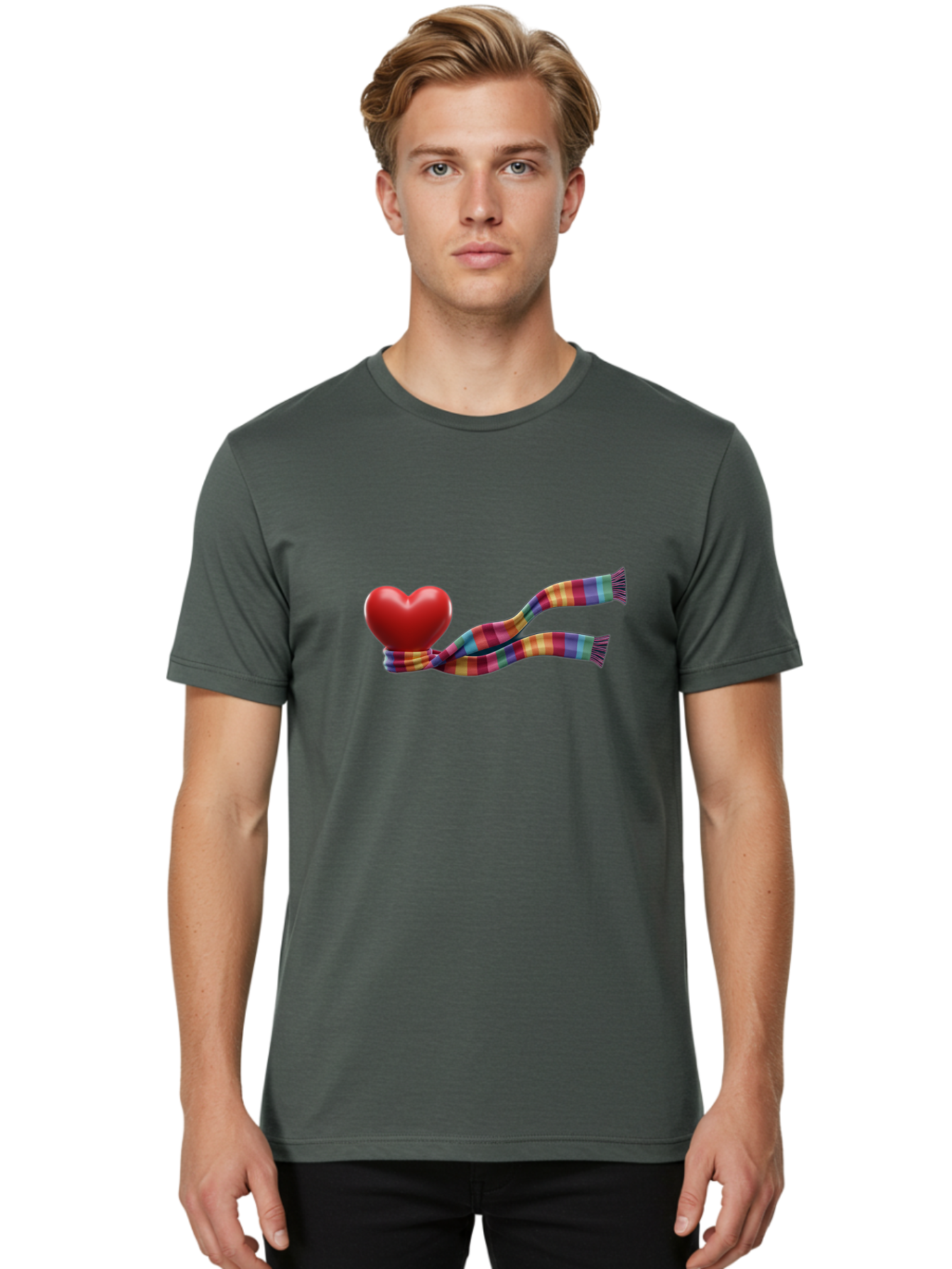 Heart-With-Scarf-2 Men'S Graphic Tee, 100% Cotton, Comfortable Casual Summer Wear, Machine Washable, Red Heart Wrapped In A Scarf, Plaid Pattern, Vibrant Colors, Festive Atmosphere, Love Symbol, Winter Theme, Cozy Feeling Bae043