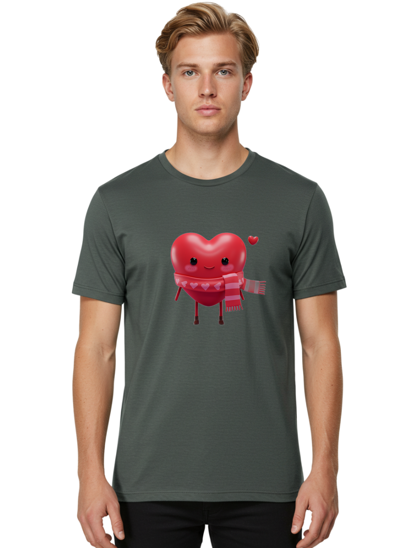 Heart-With-Scarf-4 Men'S Graphic Tee, 100% Cotton, Comfortable Casual Summer Wear, Machine Washable, Cartoon Heart, Heart Character, Smiling Face, Pink Scarf, Love Symbol, Valentines Day, Heart Pattern, Cute Design, Adorable Illustration, Bae045