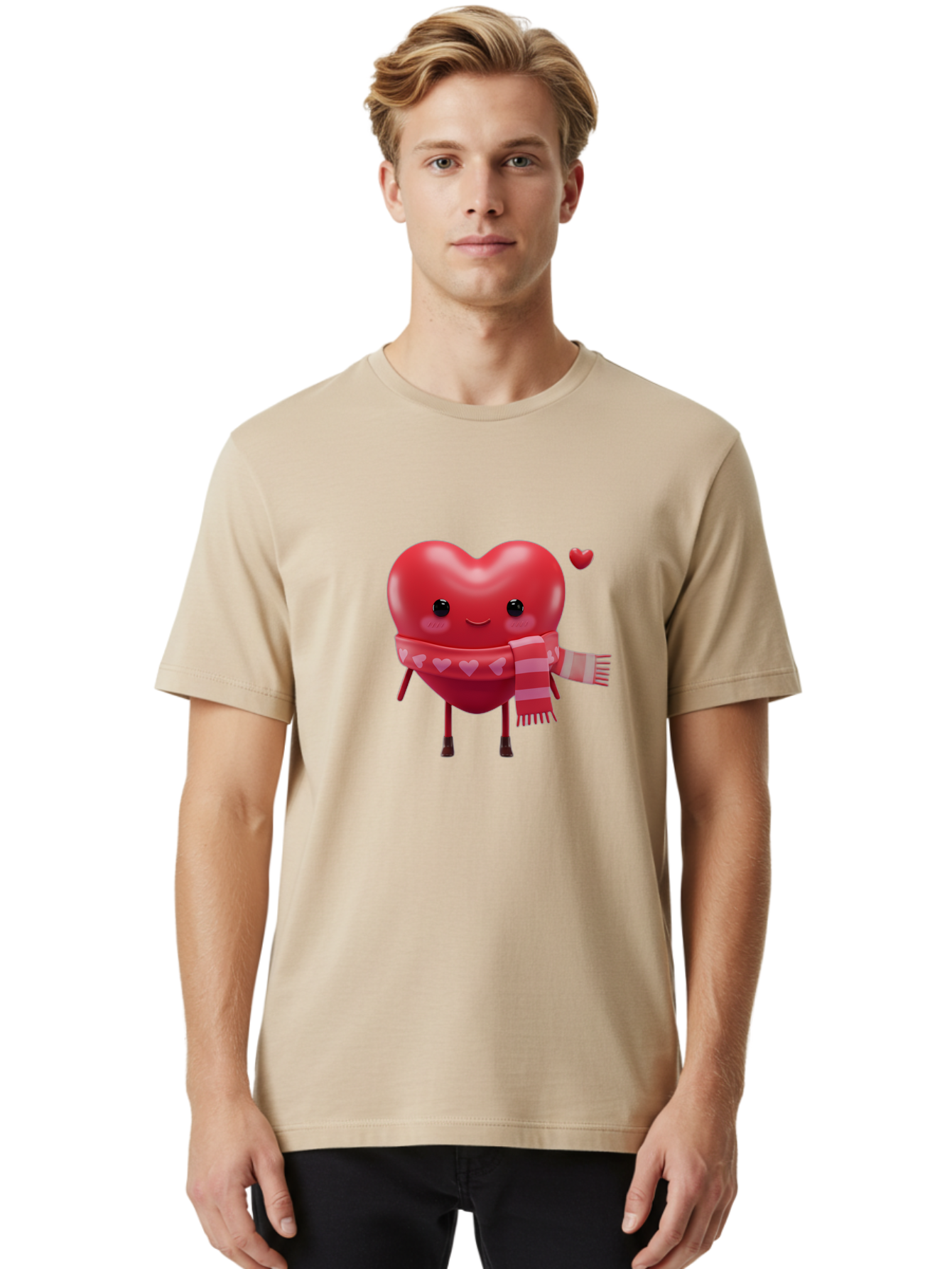 Heart-With-Scarf-4 Men'S Graphic Tee, 100% Cotton, Comfortable Casual Summer Wear, Machine Washable, Cartoon Heart, Heart Character, Smiling Face, Pink Scarf, Love Symbol, Valentines Day, Heart Pattern, Cute Design, Adorable Illustration, Bae045
